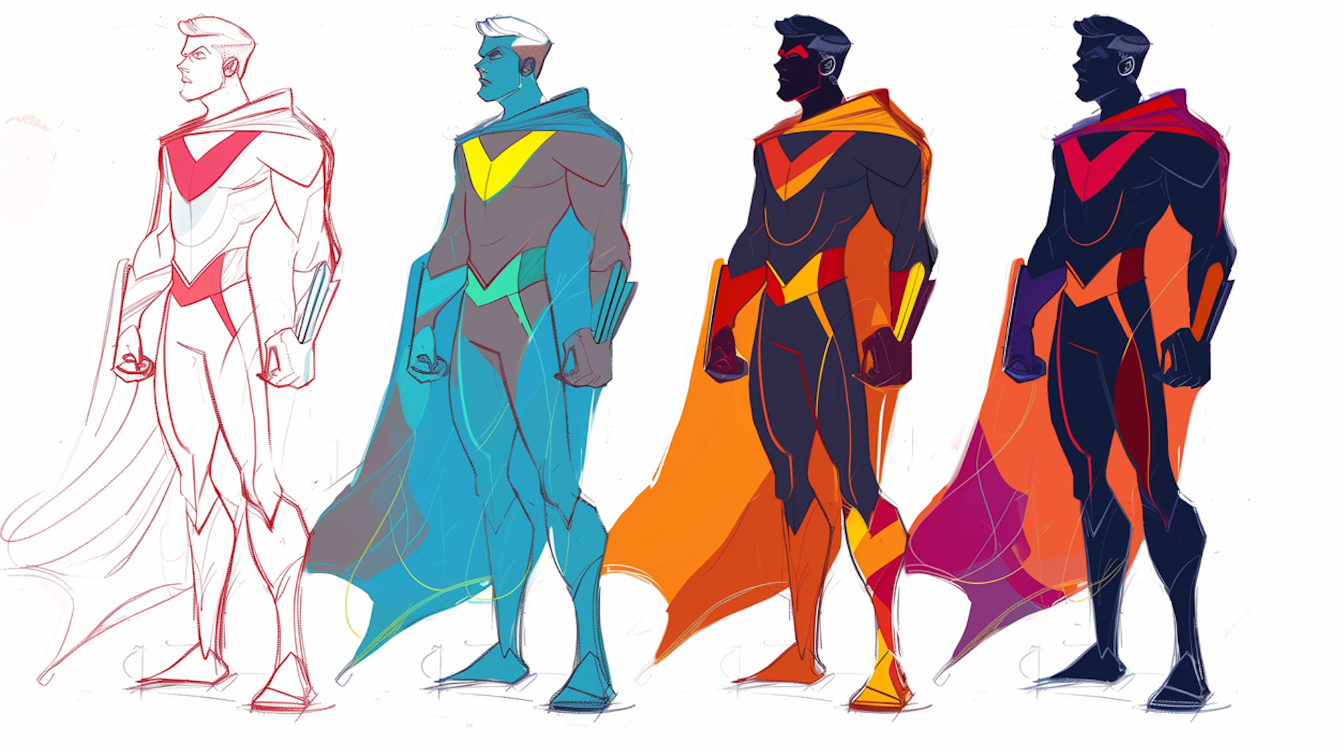 “The Evolution of a Cartoon Hero - Progression of a cartoon character from rough sketch to final colorful design."