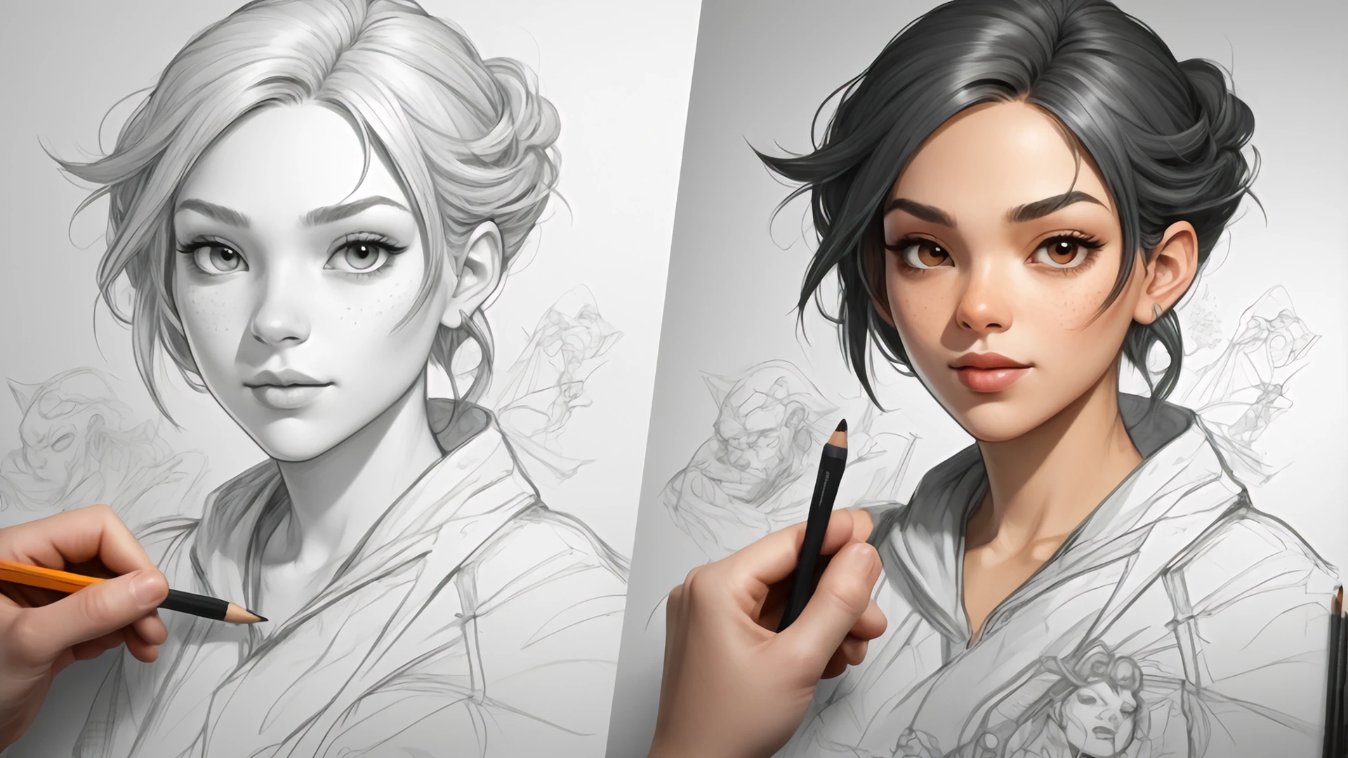 Image of a comparision Digital vs Traditional Character Sketching