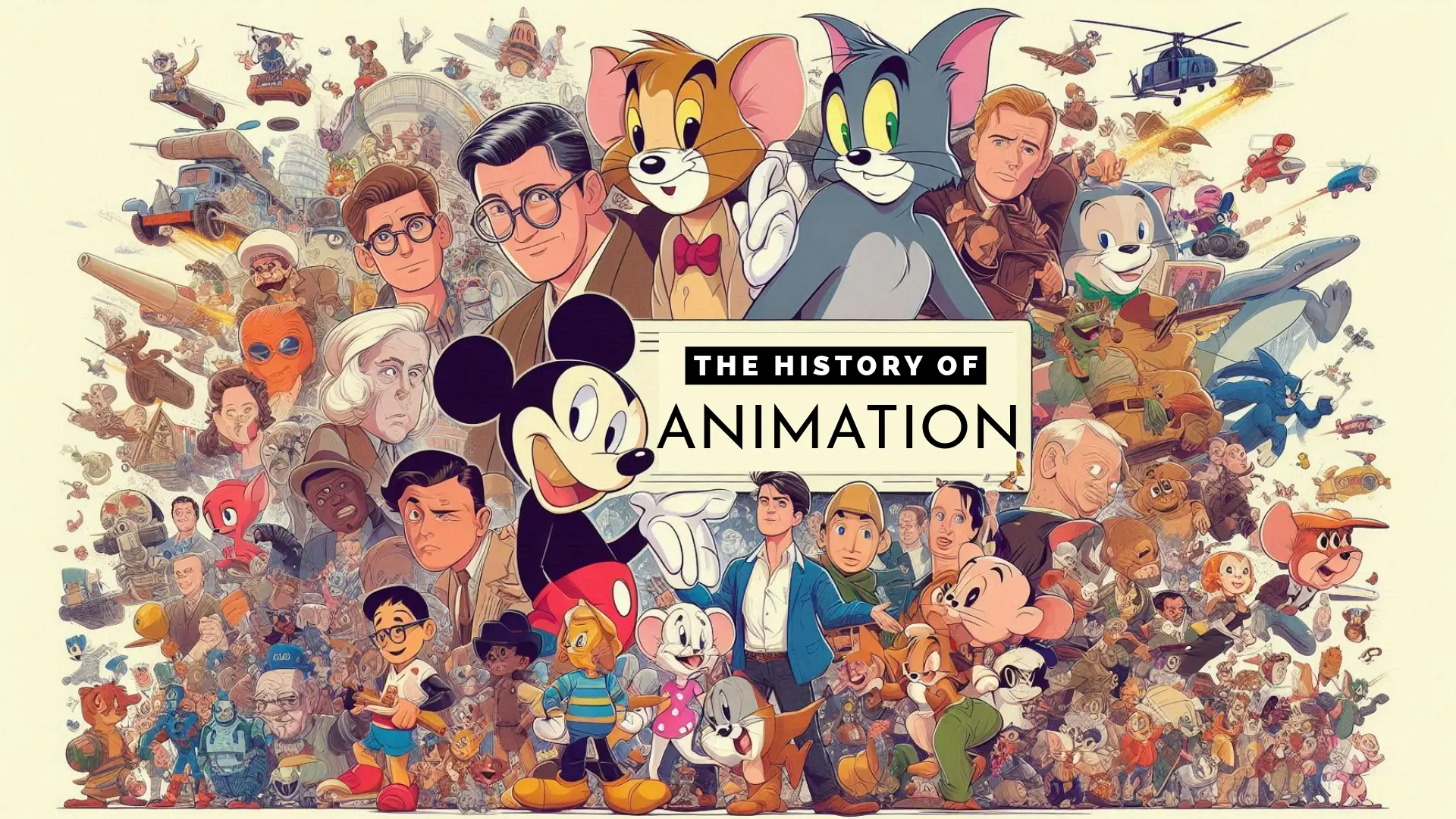 An illustration showing the insane history of animation and which includes many famous cartoon characters and a text in the middle