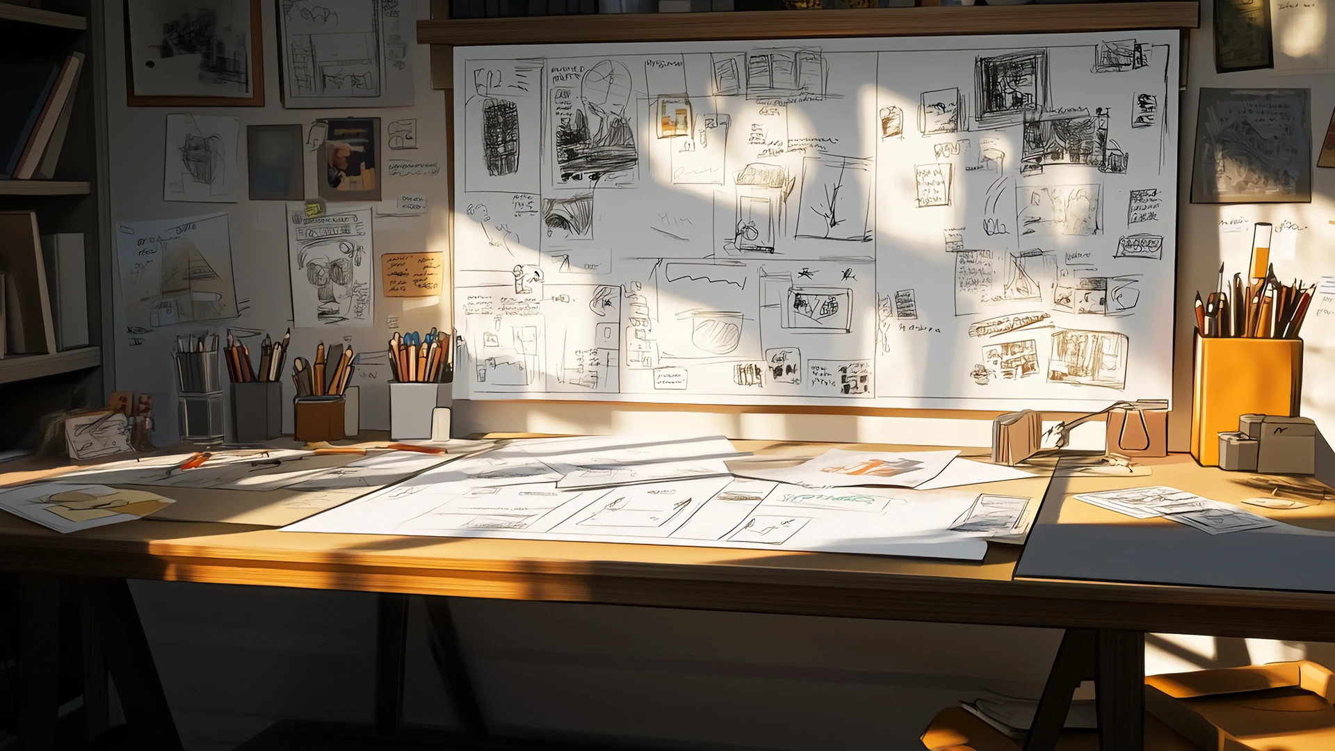 Image - Animator's Workspace With Storyboards, Reference Images, And Staging Sketches