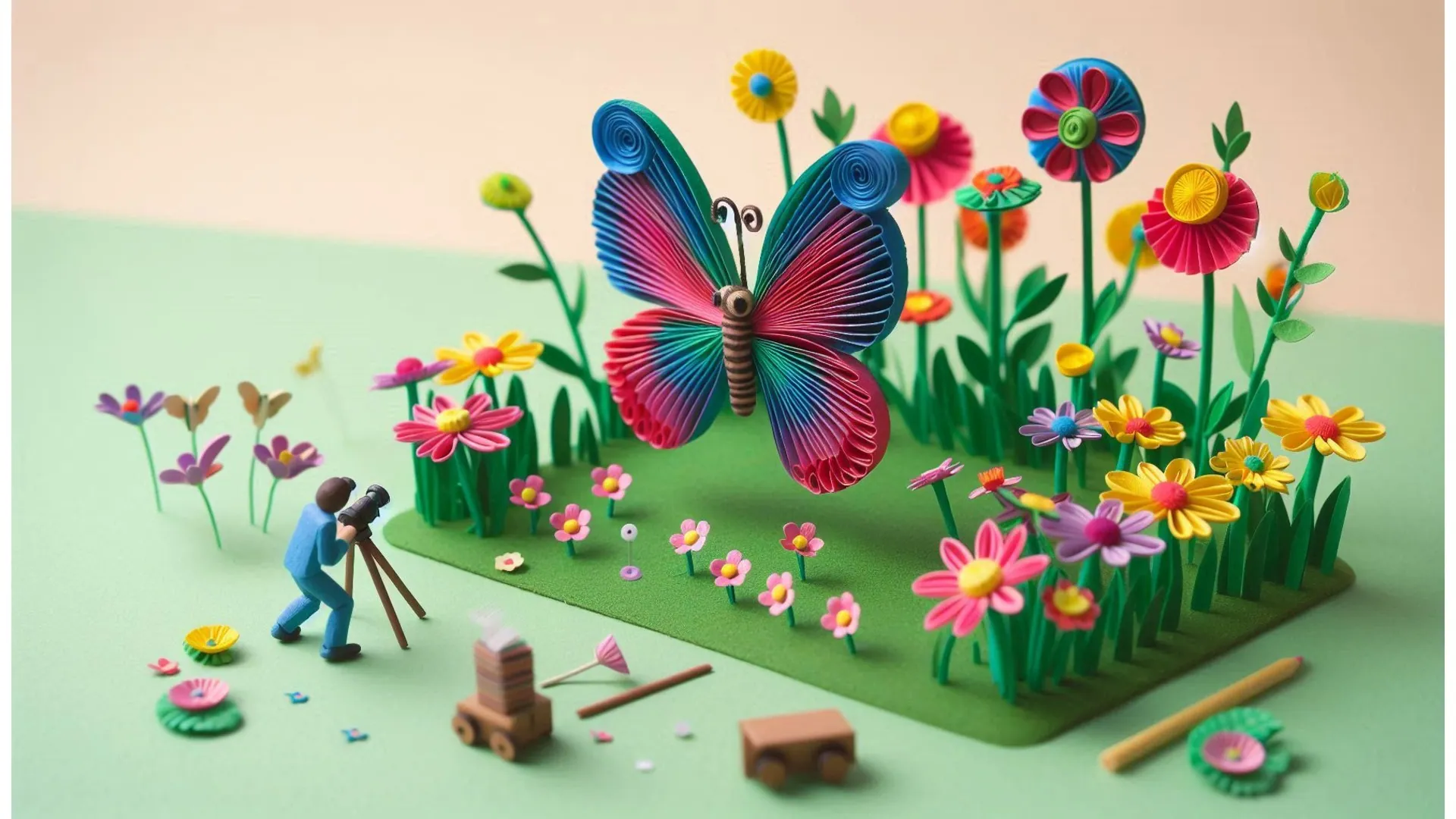 An AI-generated image of Stop motion animation of a man clicking the picture of a giant butterfly in a agrden