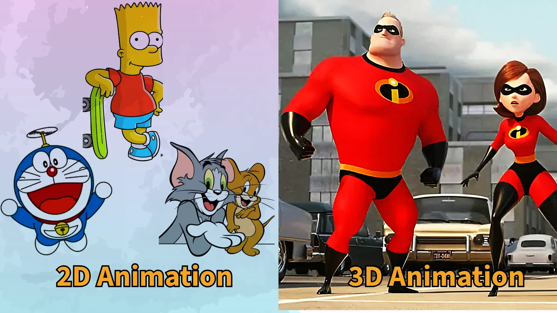 A graphic representing - Is 2D Harder than 3D Animation by presenting famous characters from both styles