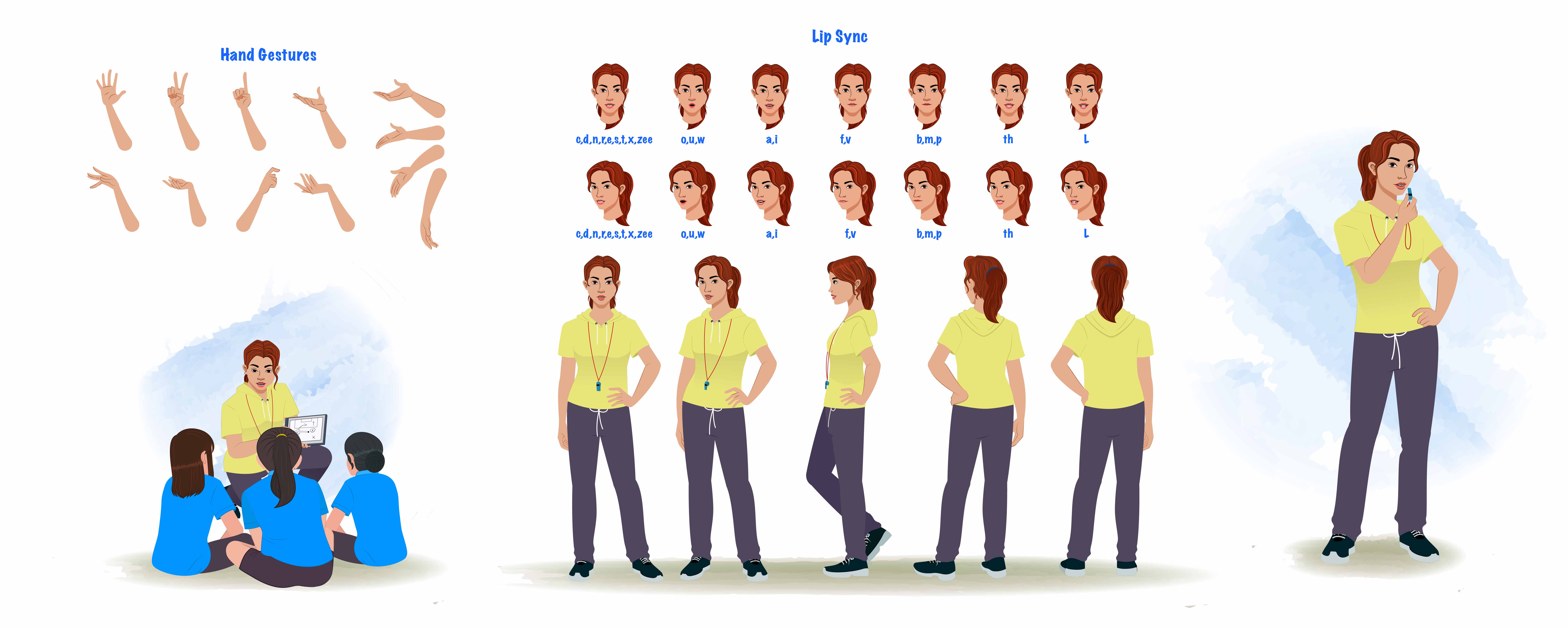 A female physical teacher cartoon character construction/model sheet aka miss mansi