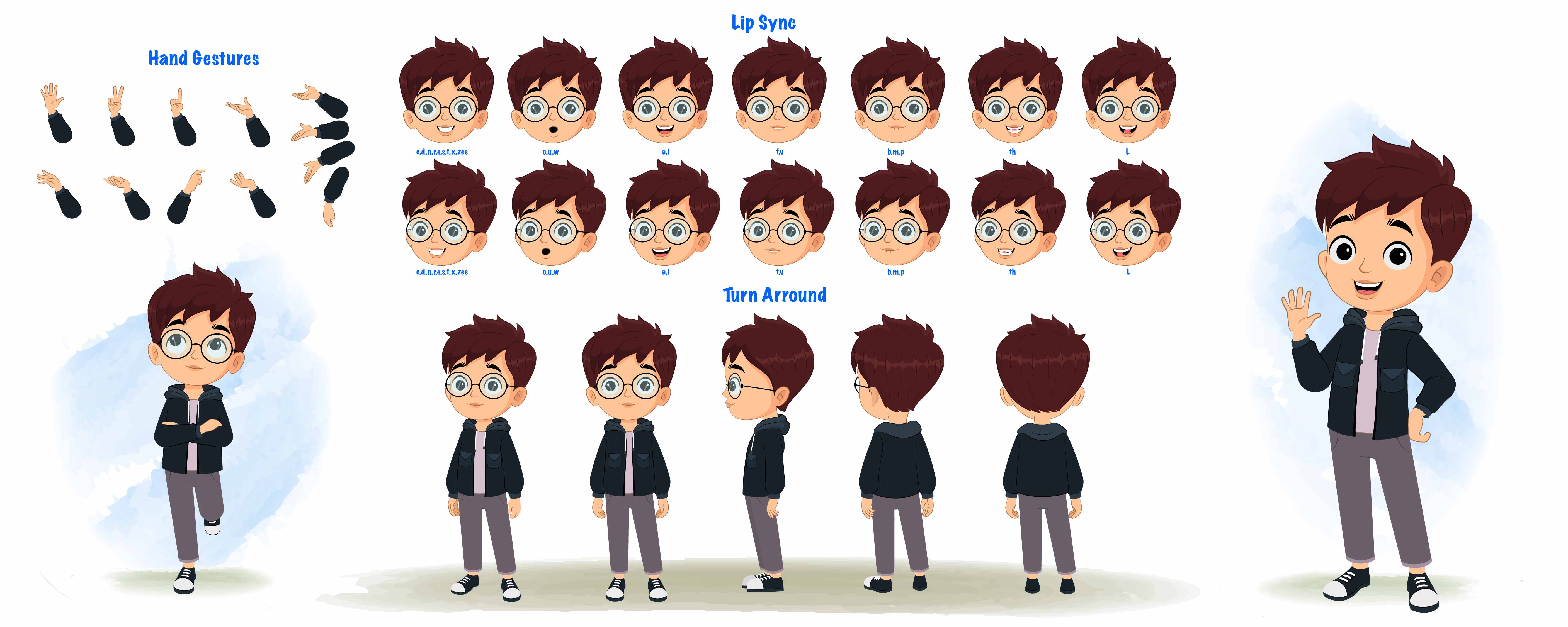 A little boy cartoon character construction/model sheet aka harry