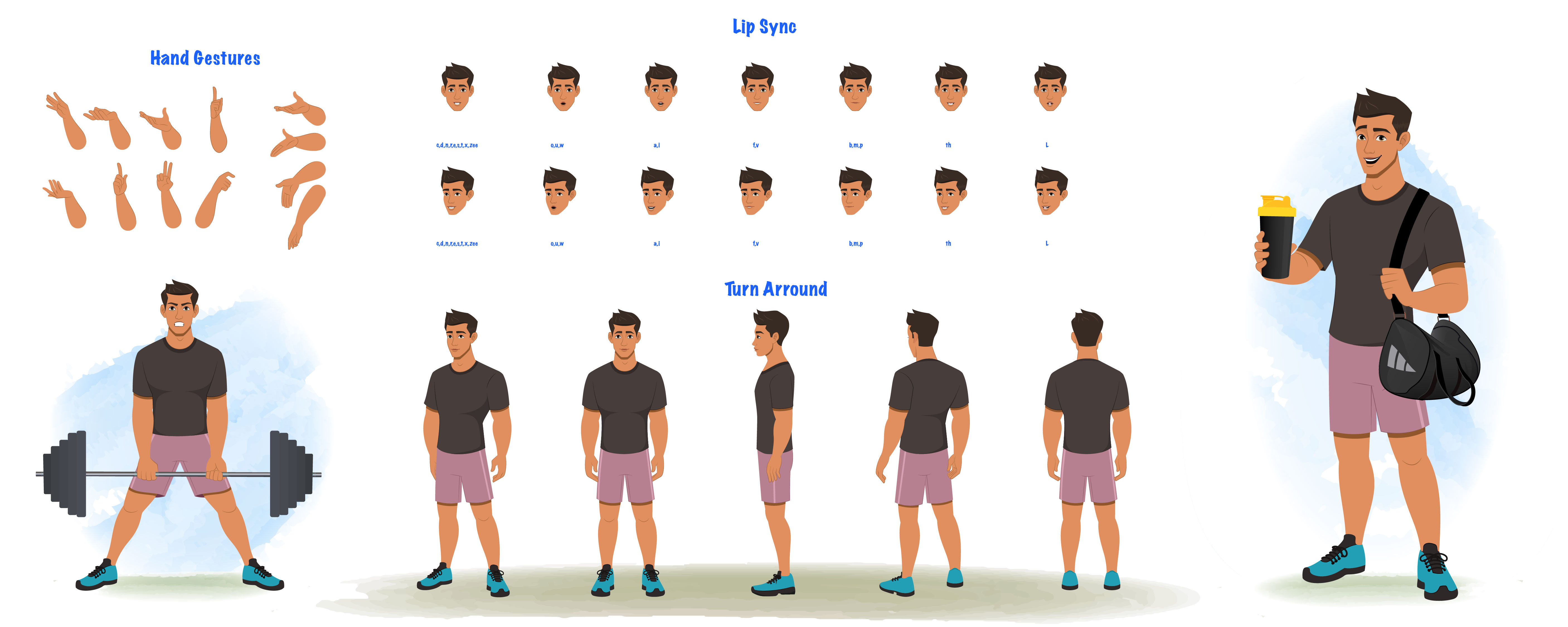 A workout man cartoon character construction/model sheet aka Lovsh