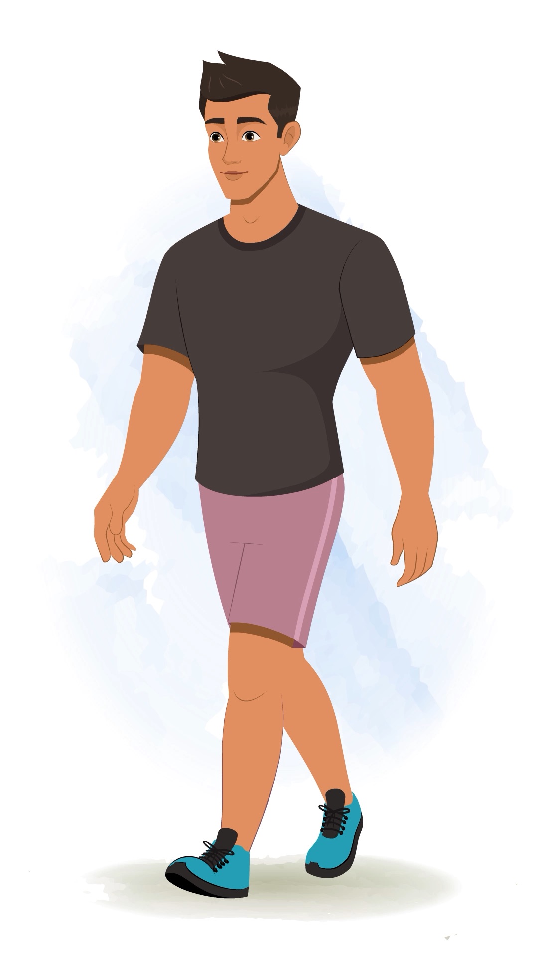 A workout man 3/4 front view/three quarter view walking animated cartoon character aka Lovsh