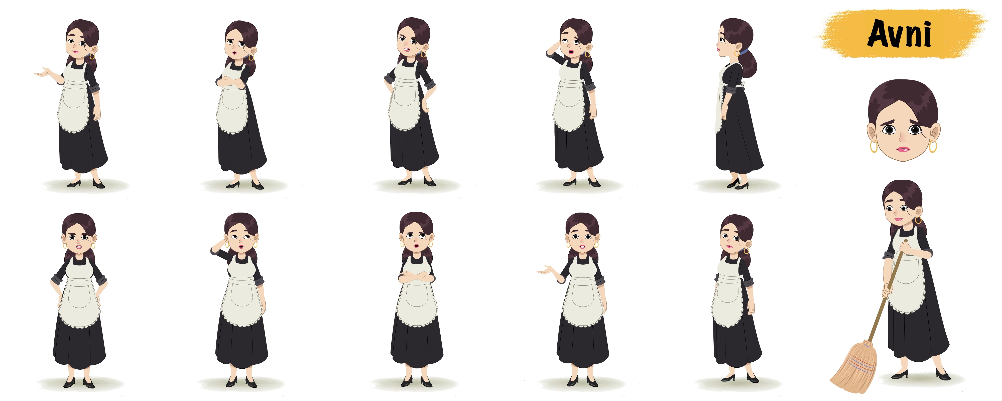 Housekeeper lady animated vector cartoon character model sheet AKA Avni