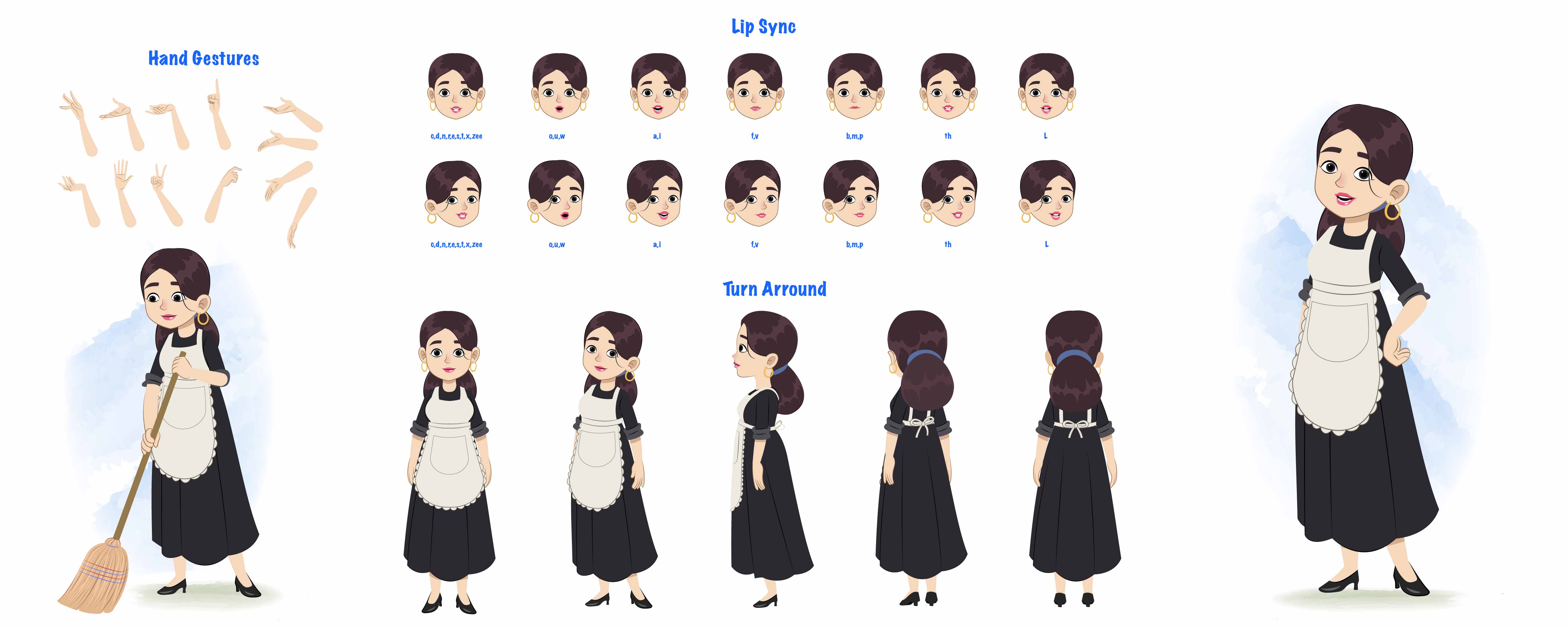 A housekeeper cartoon character construction/model sheet aka avni