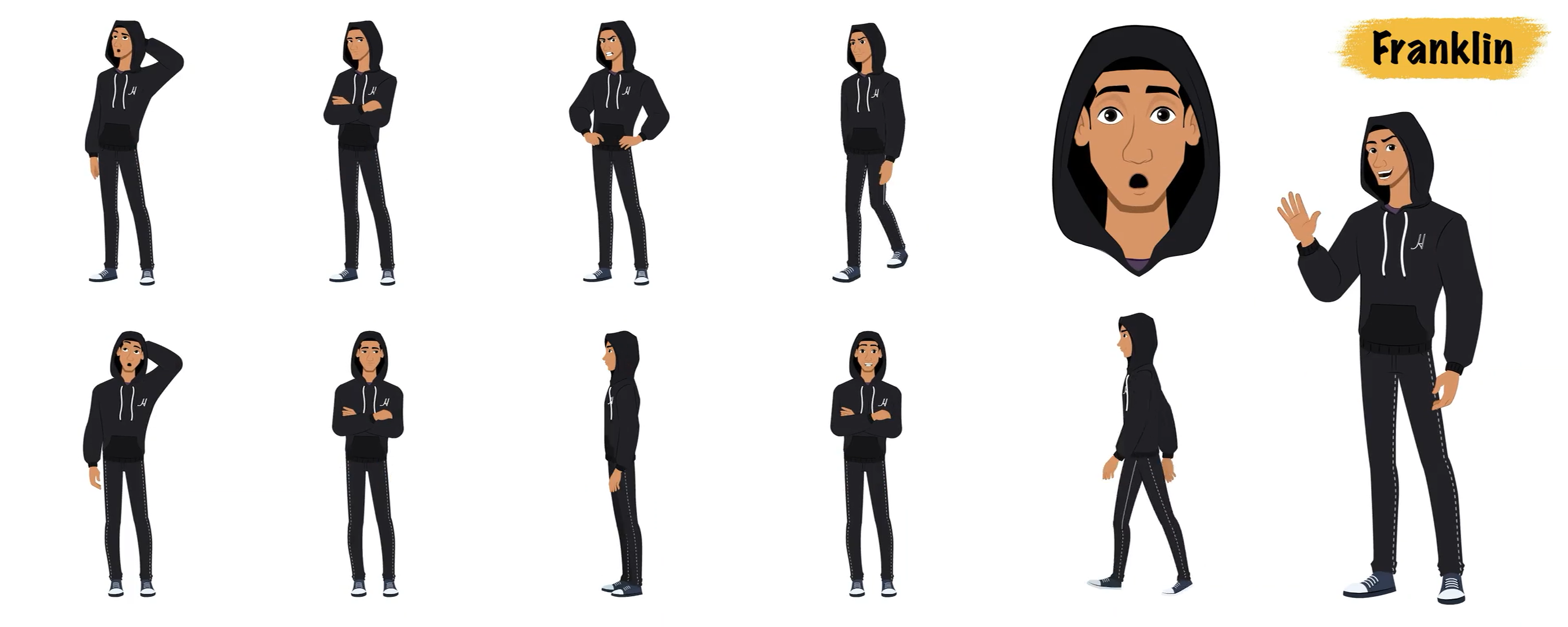 Hacker animated vector cartoon character model sheet AKA Franklin