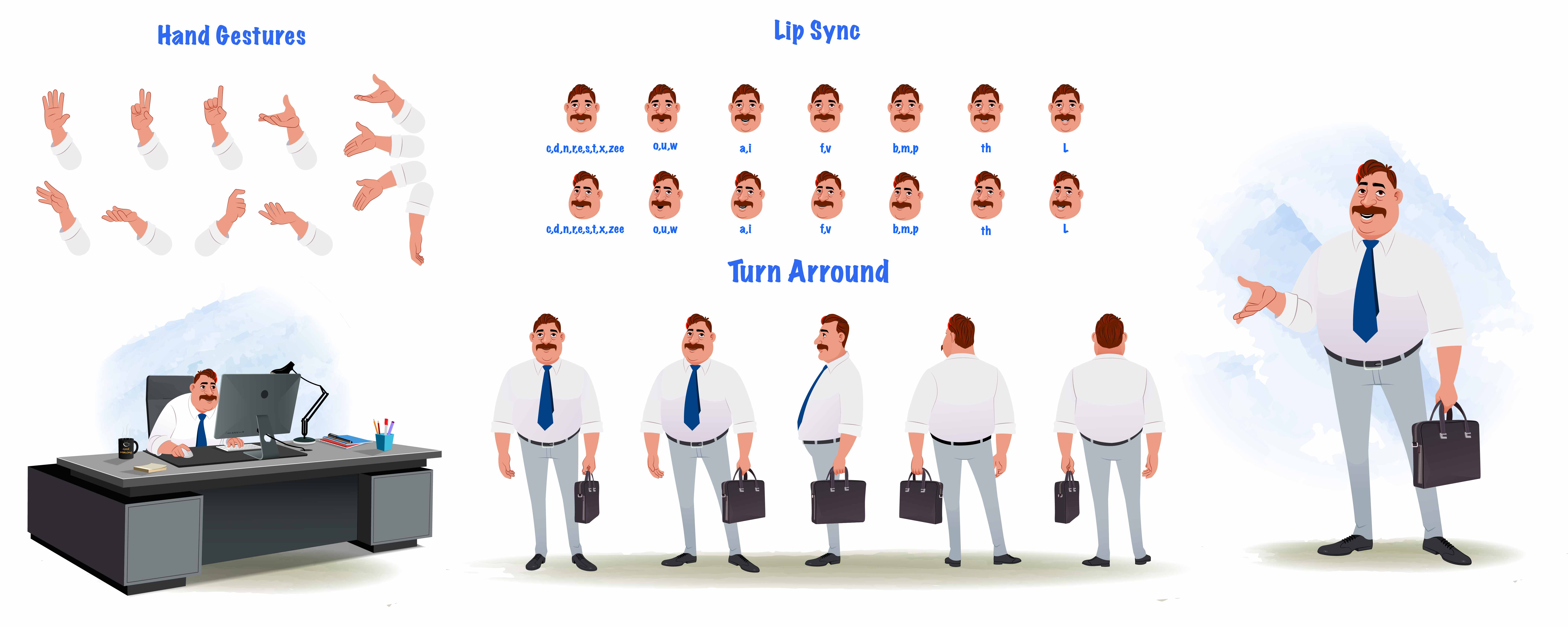 An Indian business man cartoon character construction/model sheet aka Mr. Parker