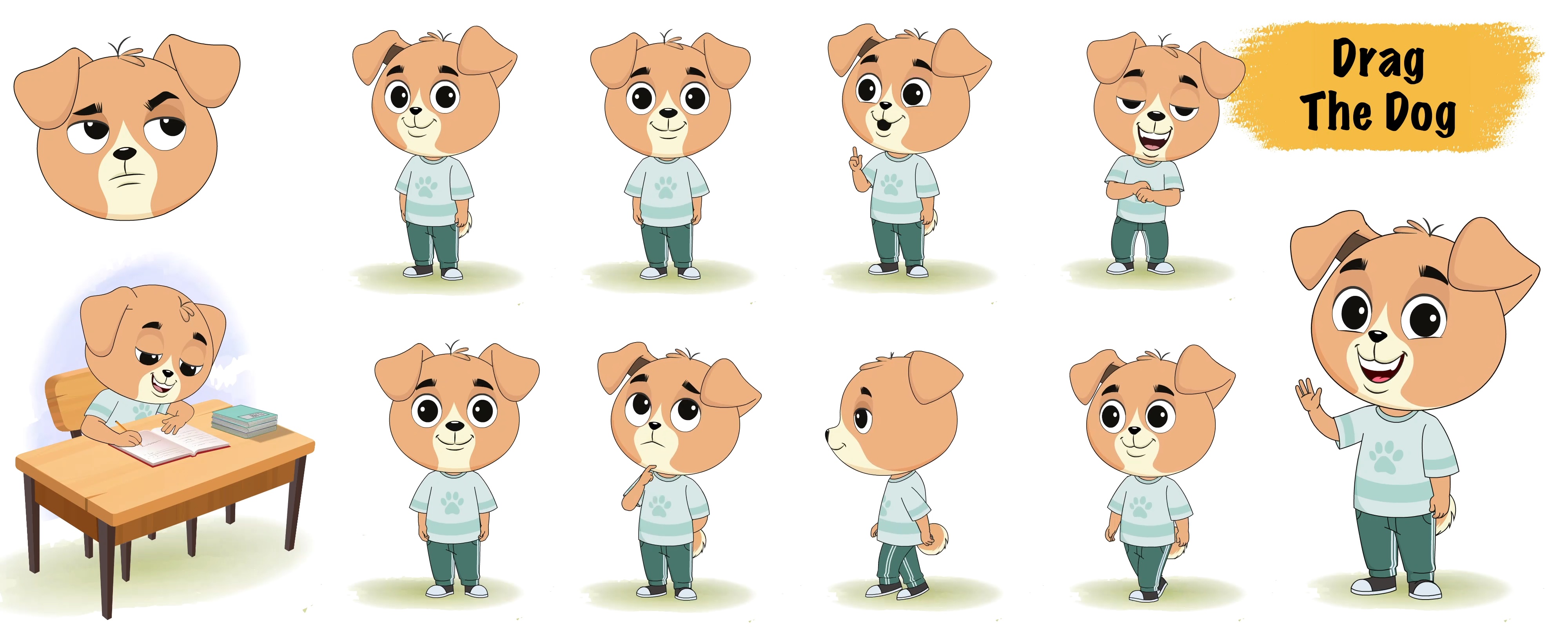 Cute dog animated vector cartoon character model sheet AKA Drag The Dog