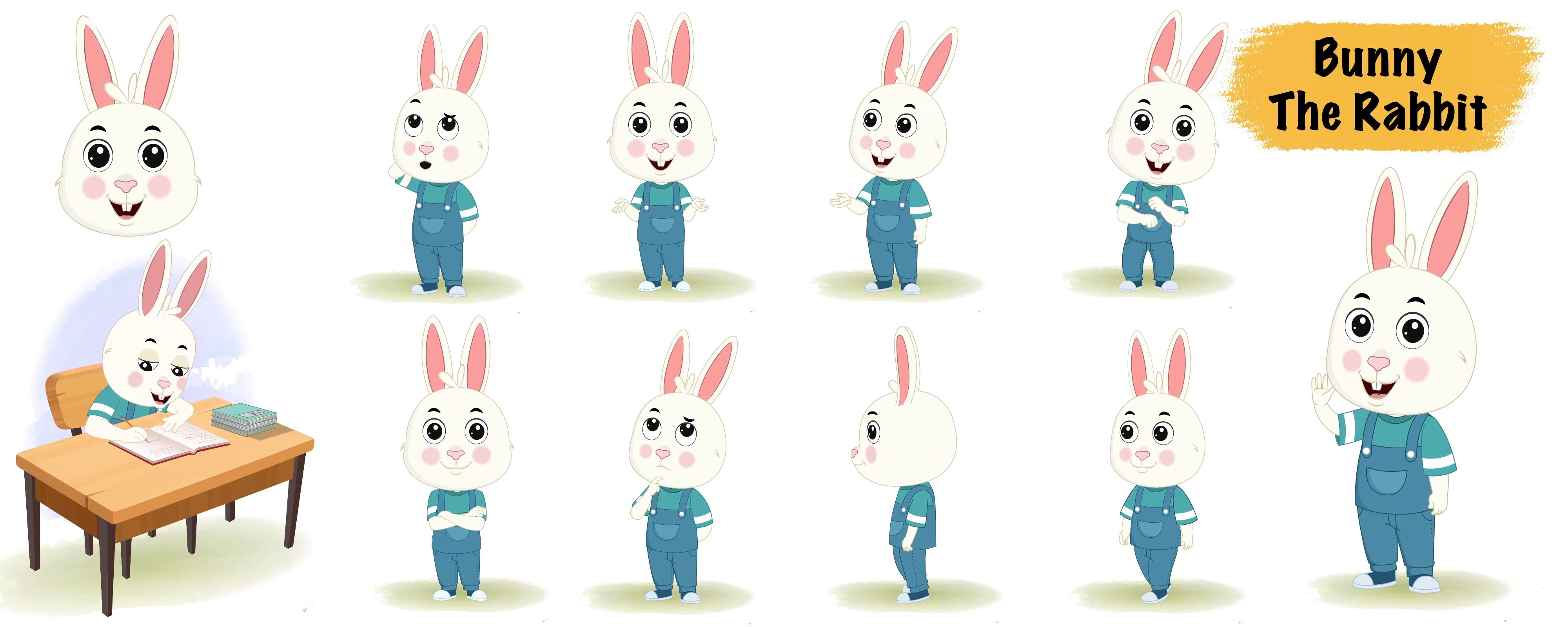 Cute white rabbit animated vector cartoon character model sheet AKA Bunny The Rabbit