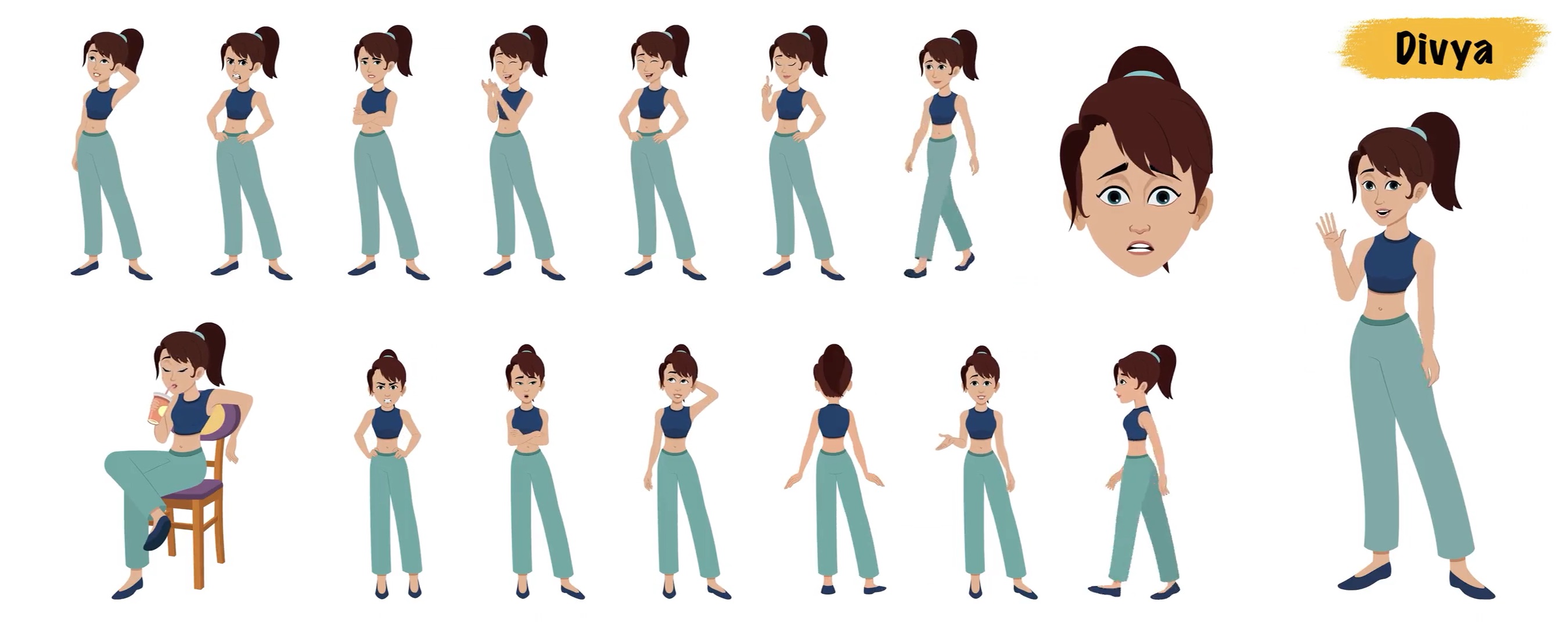 Teenage girl animated vector cartoon character model sheet AKA Divya