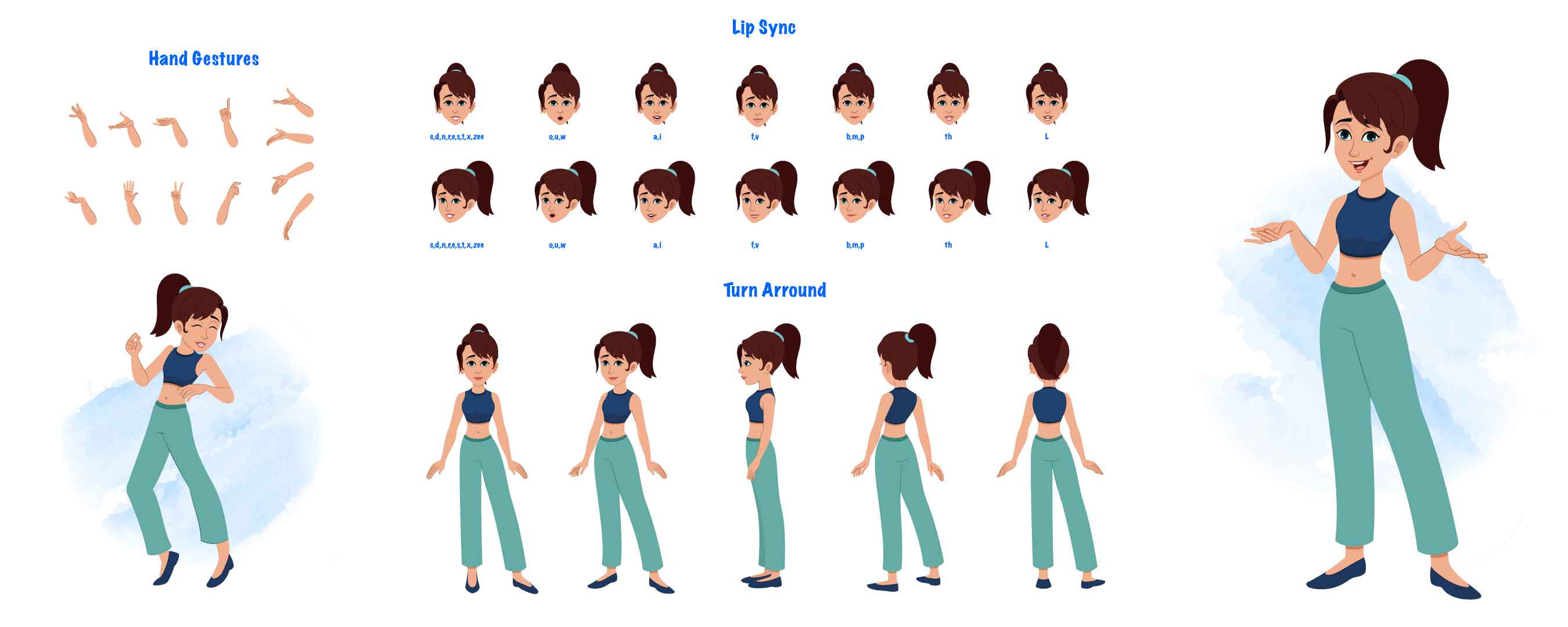 A teenage girl cartoon character construction/model sheet aka divya