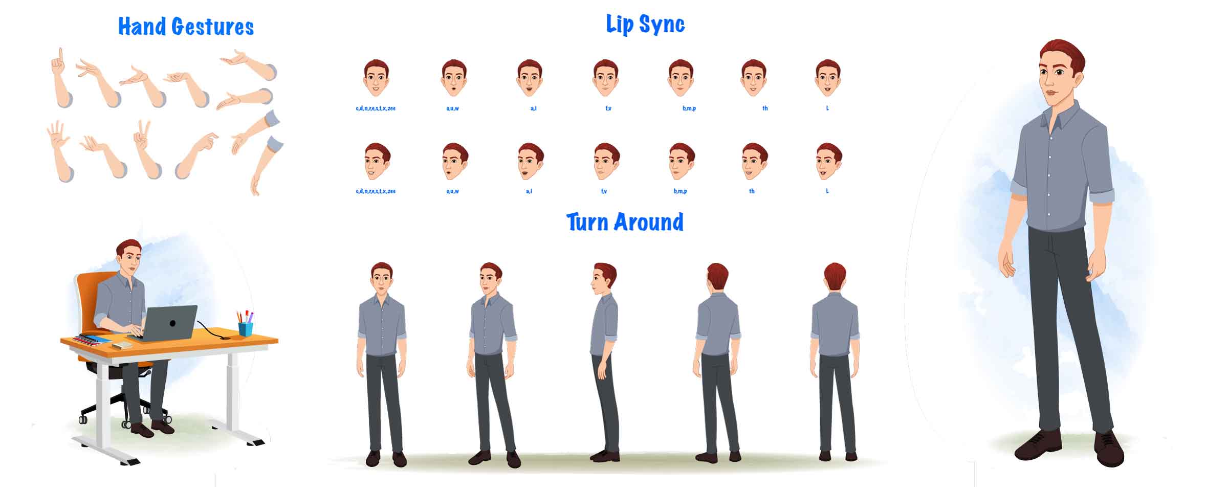 An office Man cartoon character construction/model sheet aka Yuvi