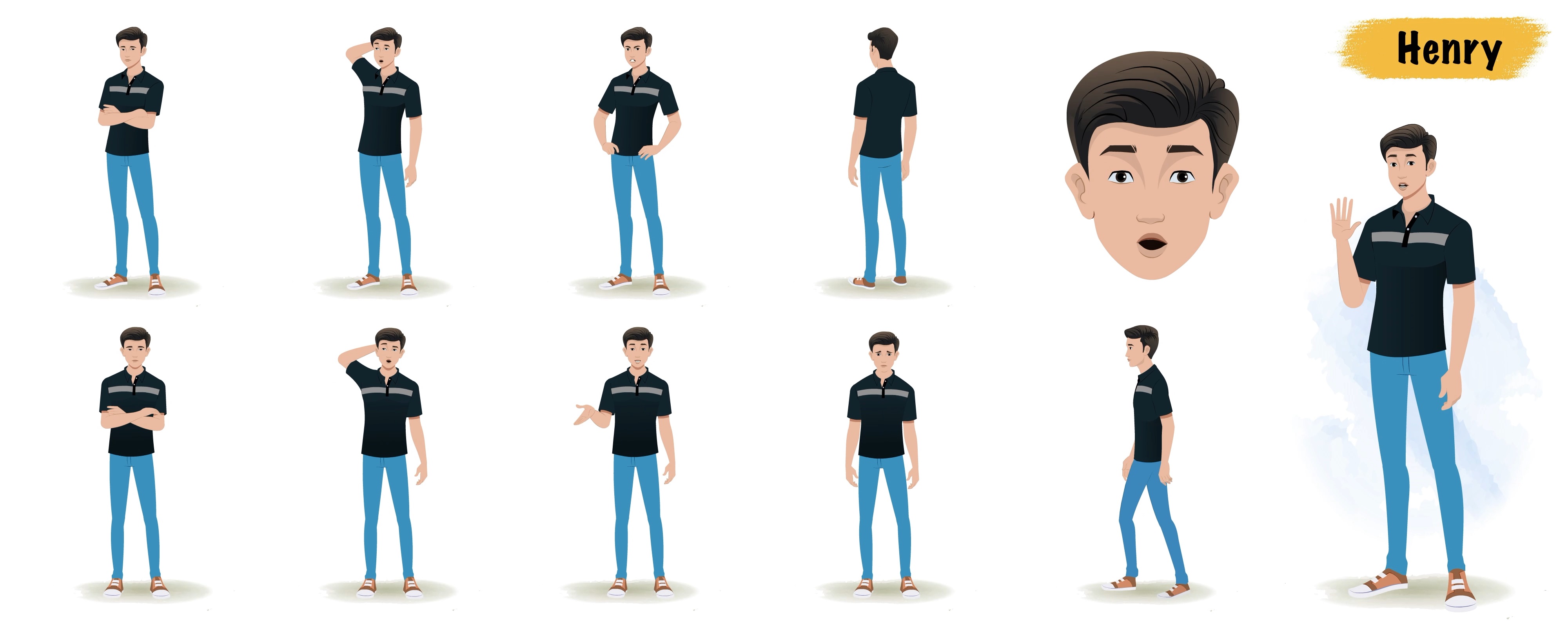 Man animated vector cartoon character model sheet AKA Henry