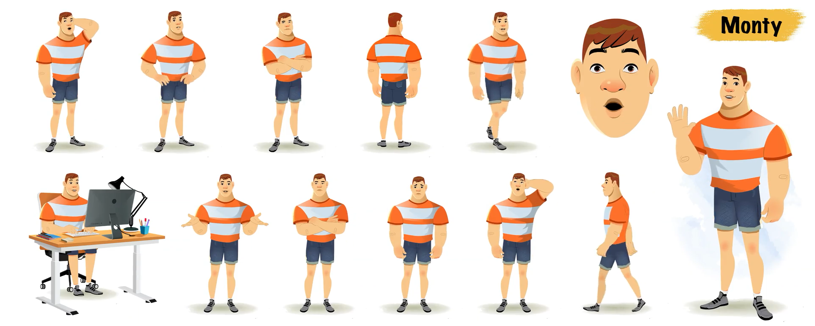 Muscular man animated vector cartoon character model sheet AKA Monty