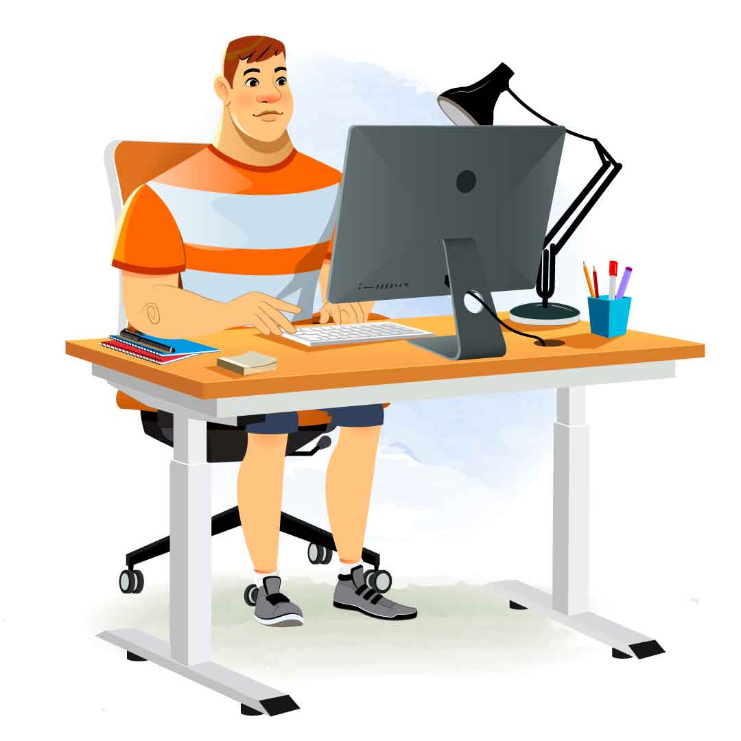 A muscular man animated cartoon character working on a computer aka Monty