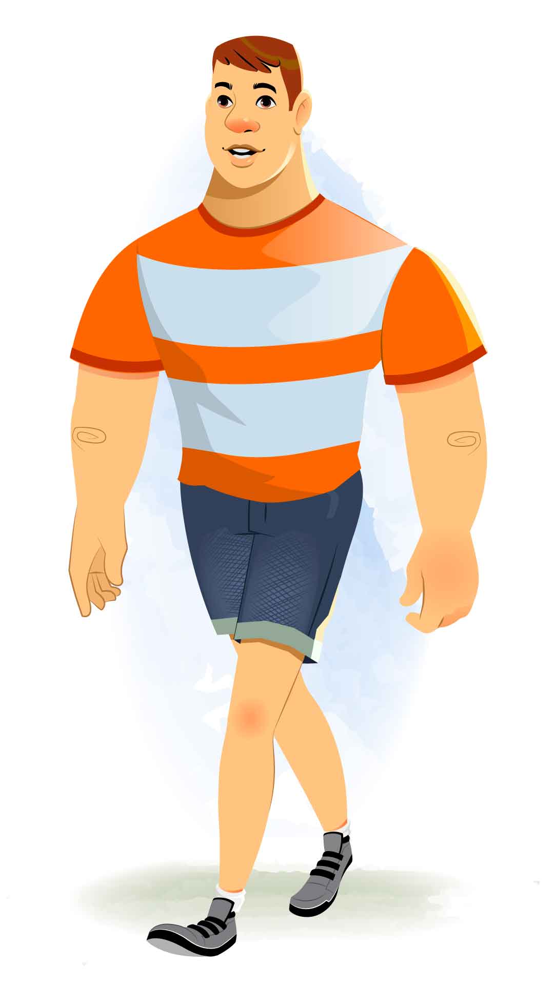 A muscular man 3/4 front view/three quarter view walking animated cartoon character aka Monty