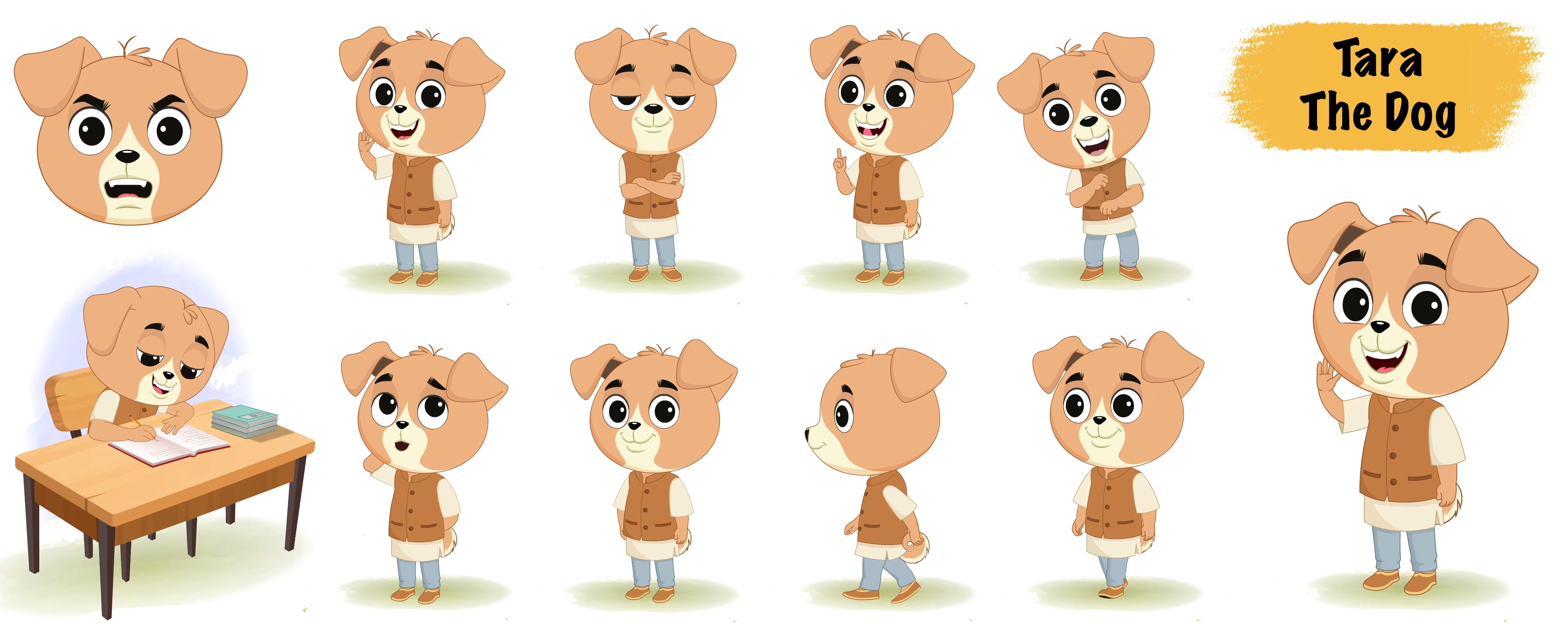 Cute little dog animated vector cartoon character model sheet AKA Tara The Dog