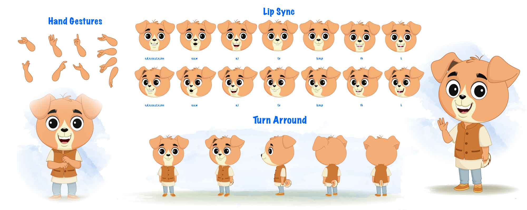 A cute little dog cartoon character construction/model sheet aka tara the dog