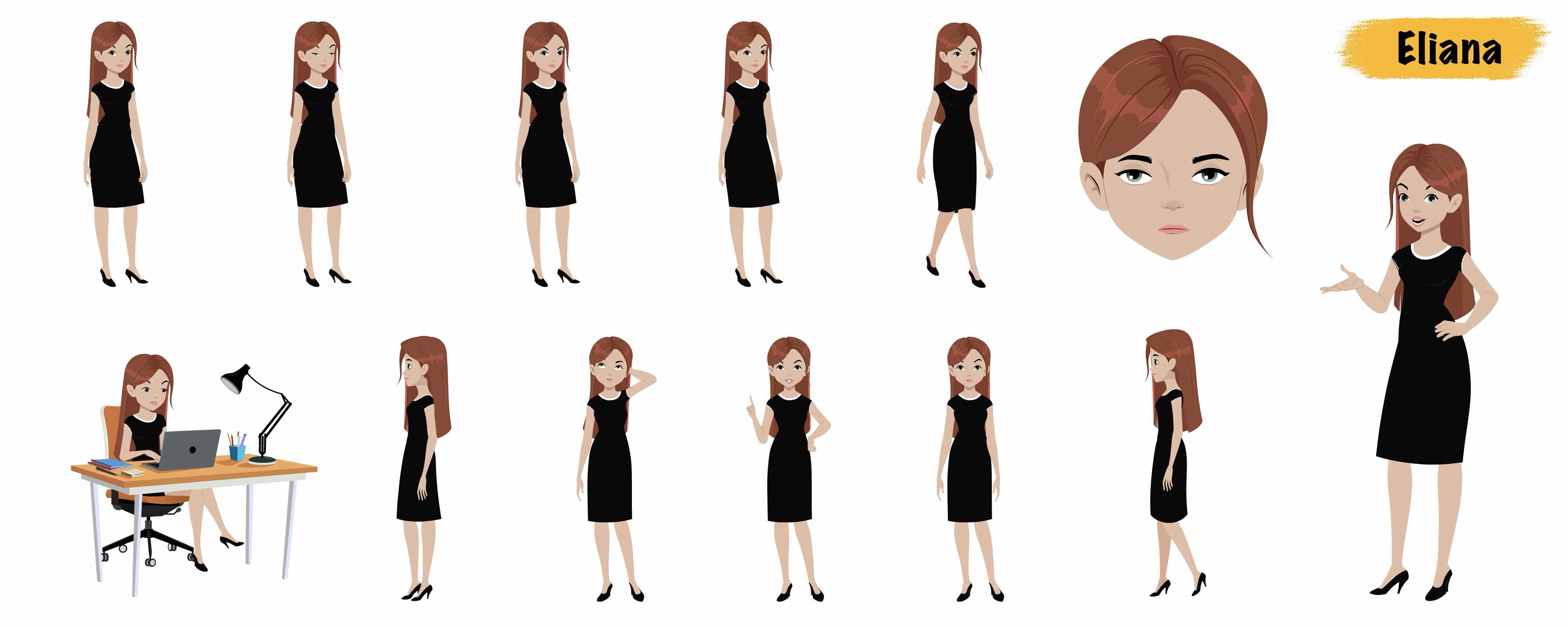 Business woman animated vector cartoon character model sheet AKA Eliana