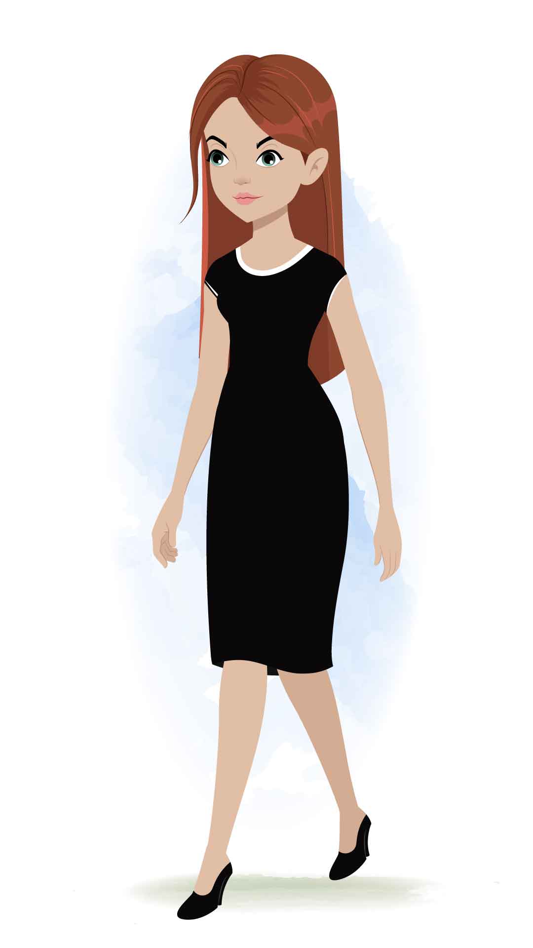 A business woman 3/4 front view/three quarter view walking animated cartoon character aka eliana