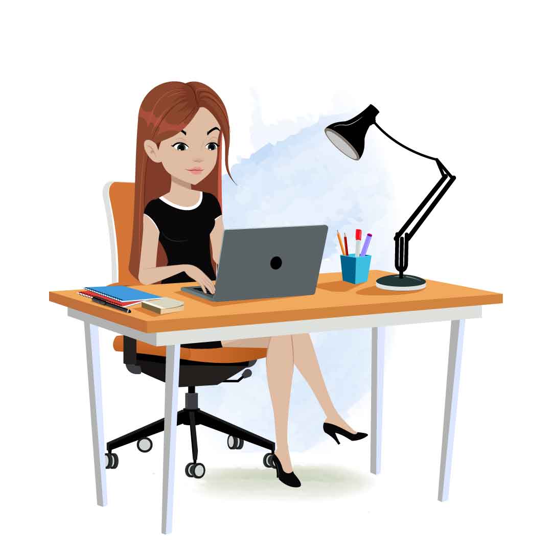 A business woman animated cartoon character working on a computer aka eliana