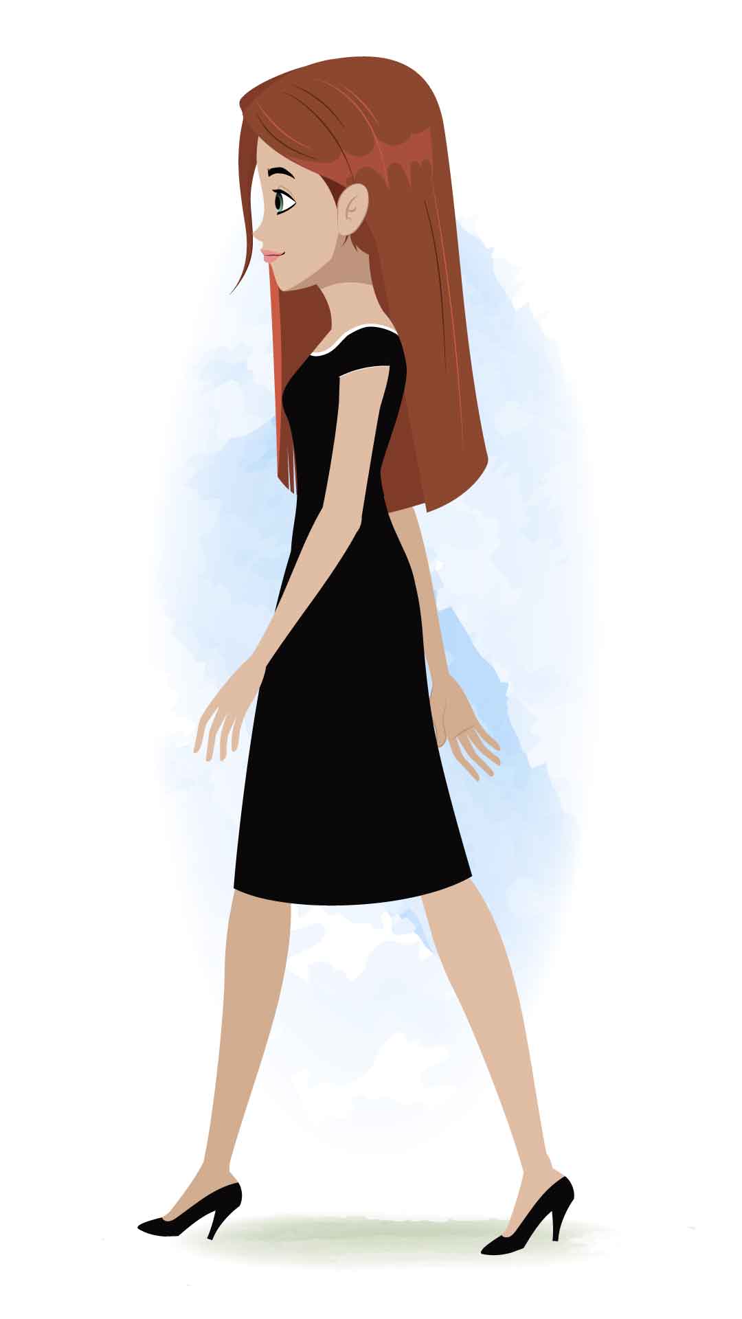 A business woman walking side view animated cartoon character aka eliana