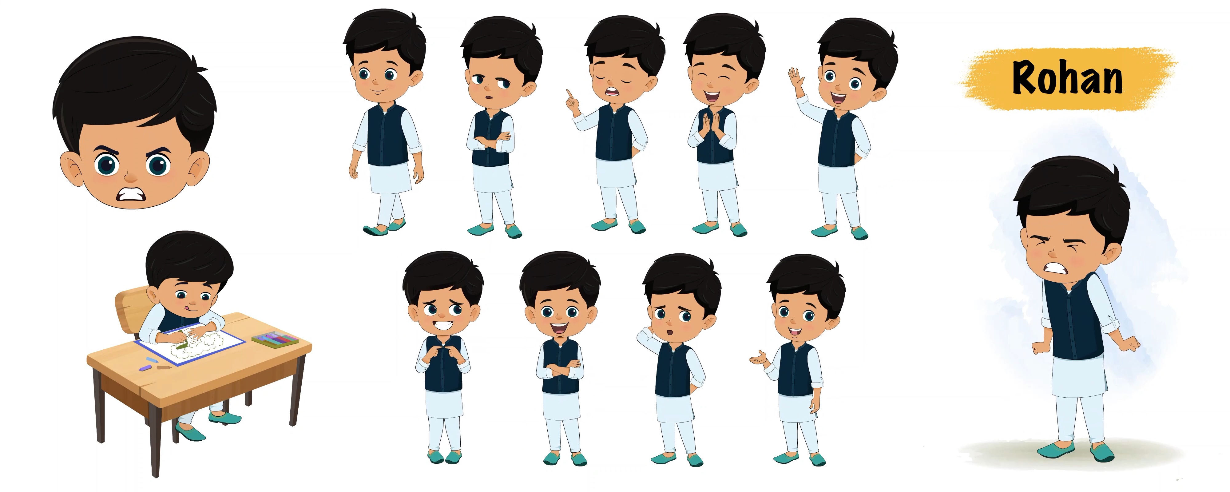 Cute Indian boy in traditional kurta pajama dress animated vector cartoon character model sheet AKA Rohan