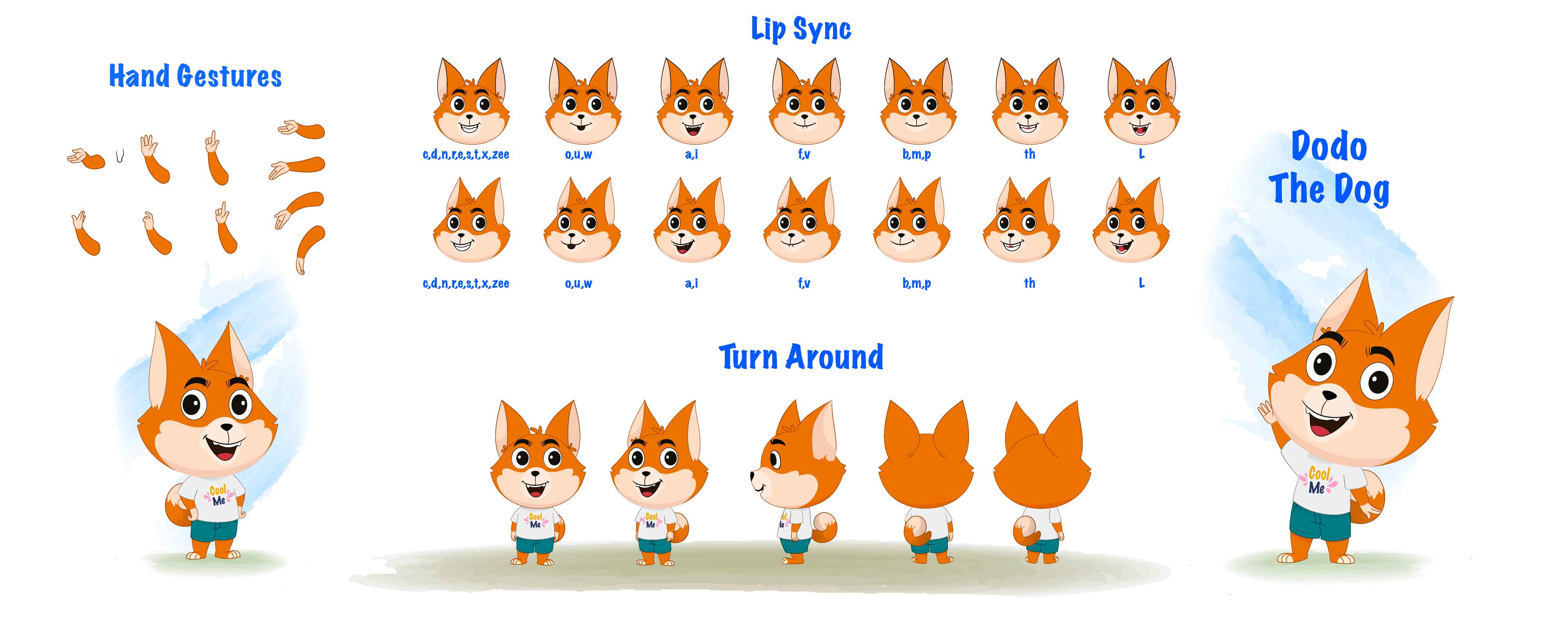 A little dog cartoon character construction/model sheet aka dodo the dog