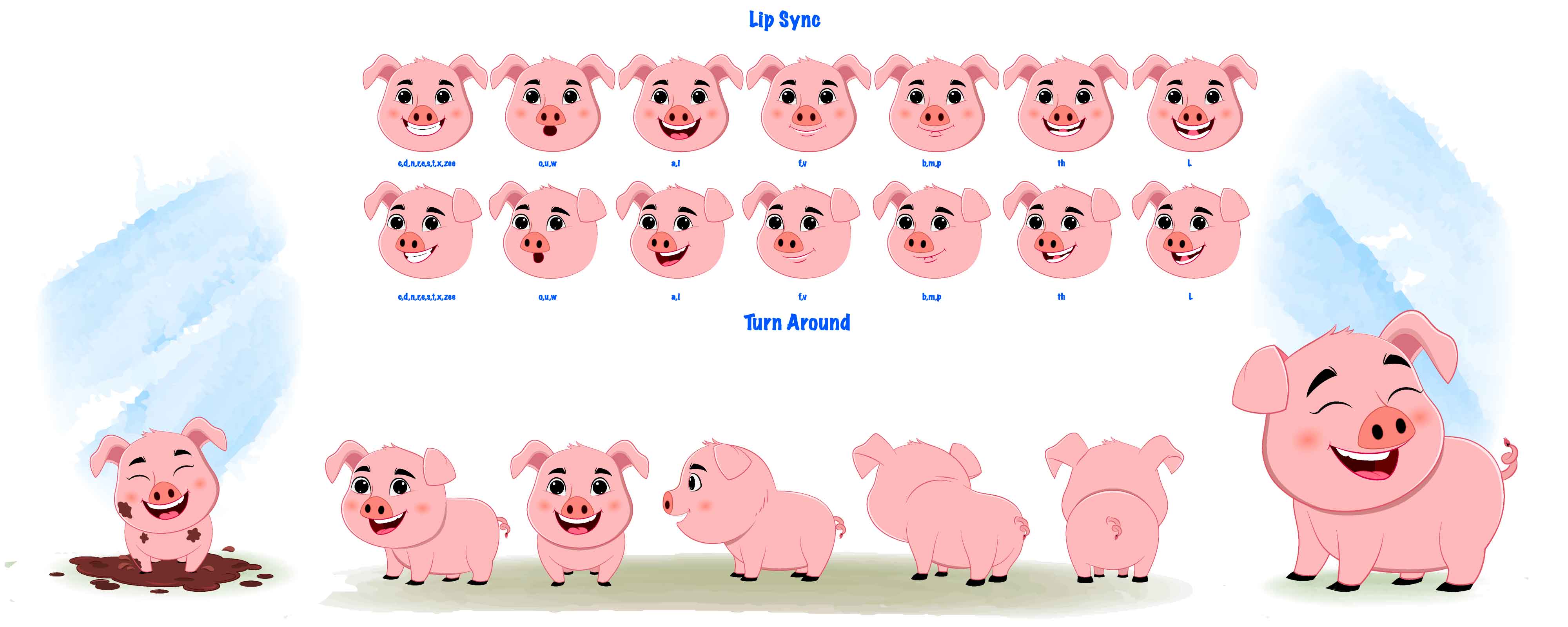 A cute pig cartoon character construction/model sheet,pig hand gesture aka lilu the pig