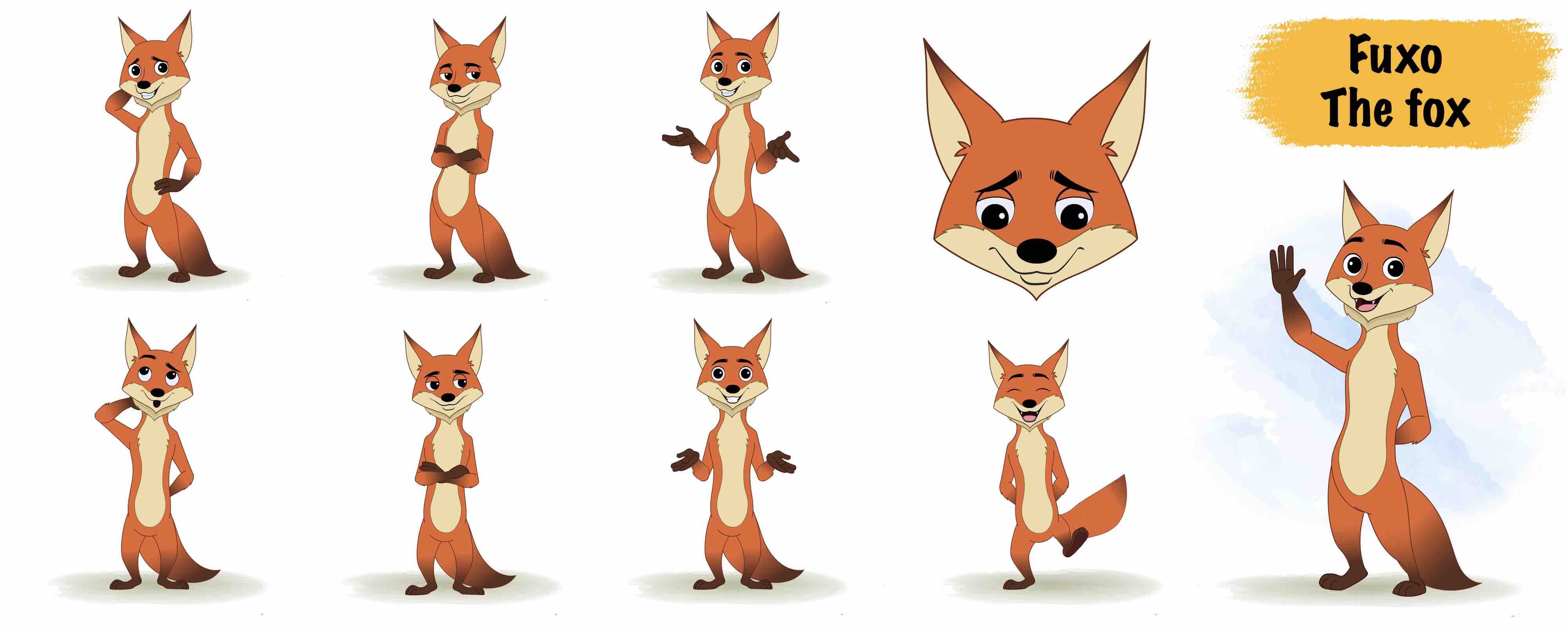 Red fox animated vector cartoon character model sheet AKA Fuxo the fox