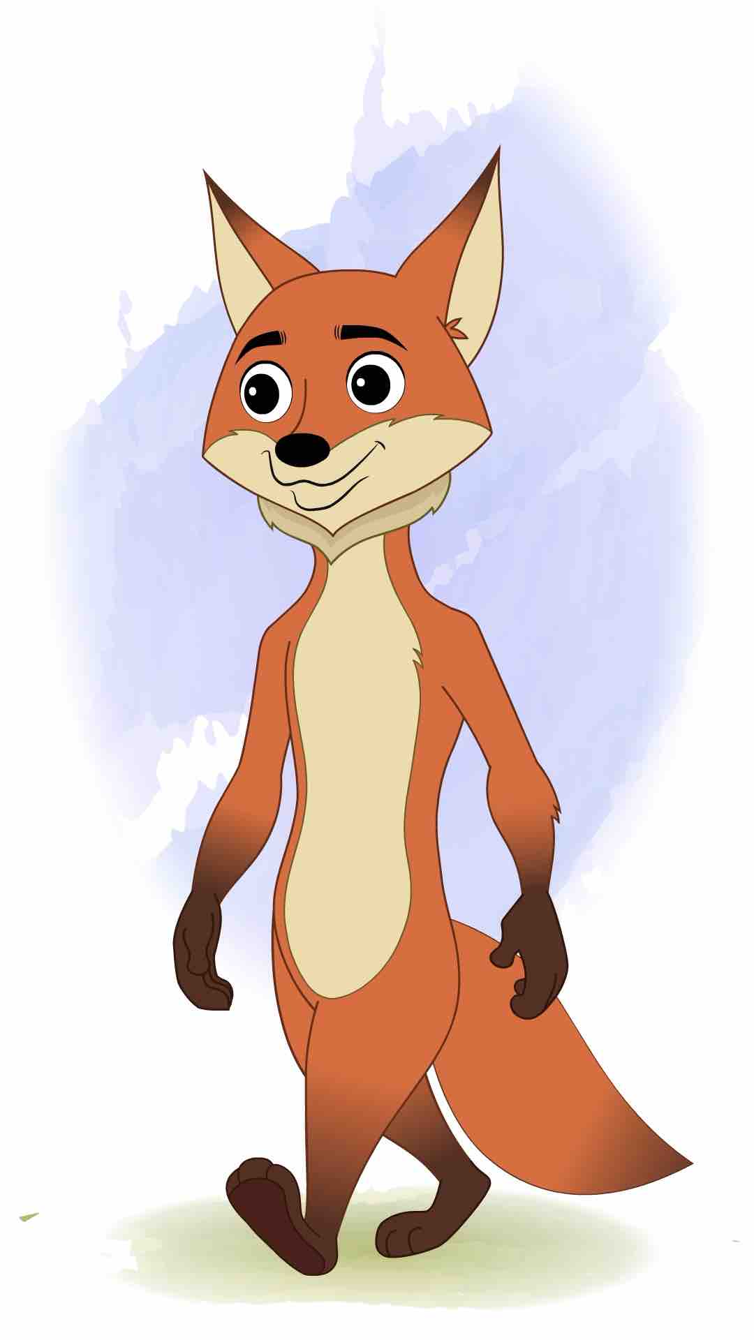 A little fox 3/4 front view/three quarter view walking animated cartoon character aka fuxo the fox