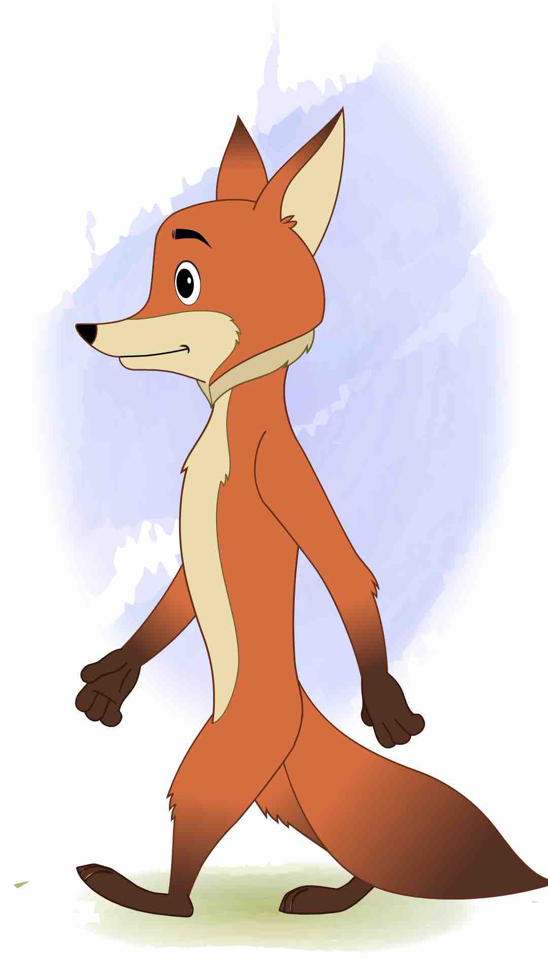 A little fox walking side view animated cartoon character aka fuxo the fox