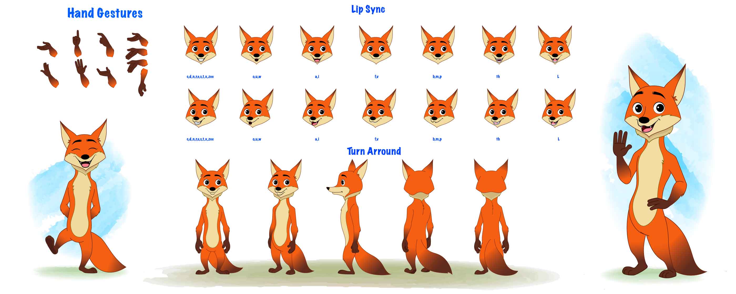 A little fox cartoon character construction/model sheet aka fuxo the fox