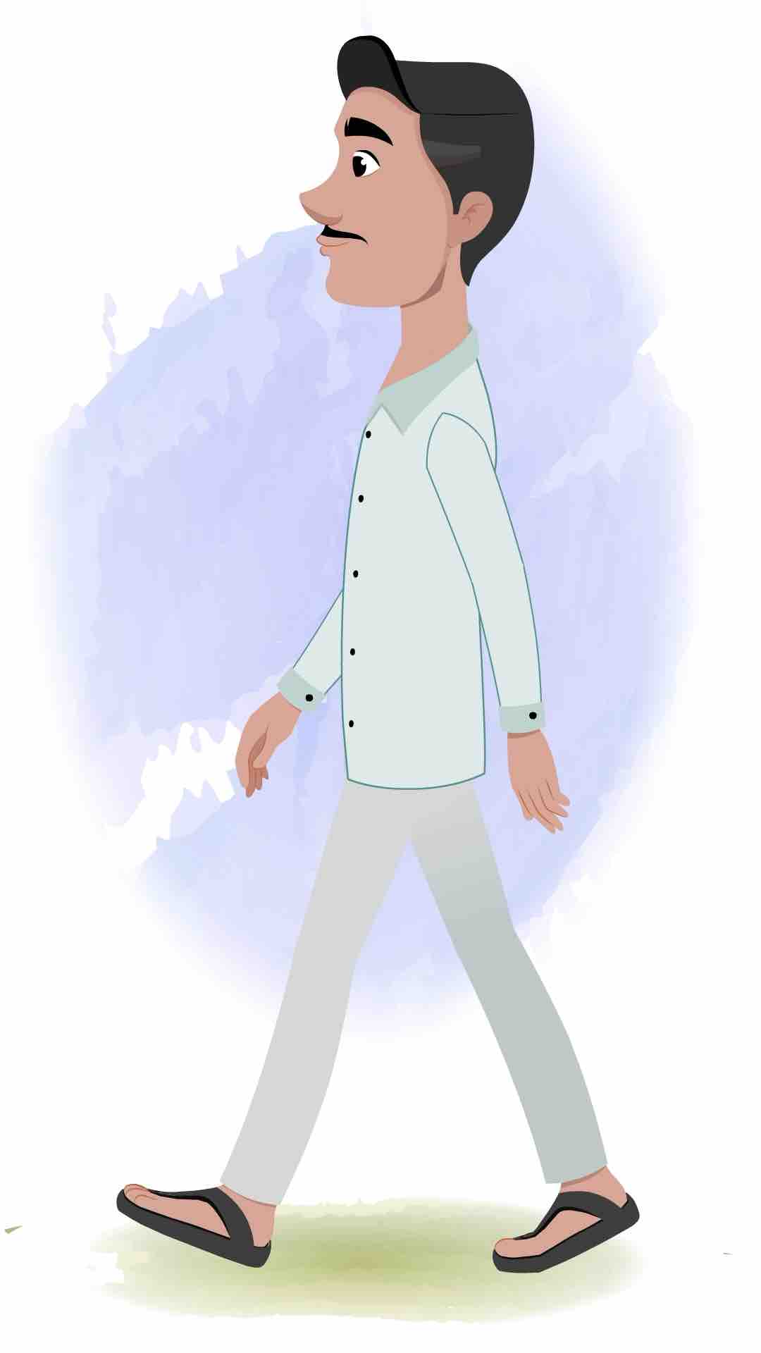 An Indian man walking side view animated cartoon character aka ram chandra