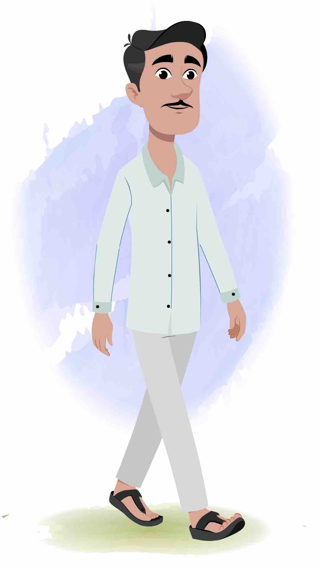 An Indian man 3/4 front view/three quarter view walking animated cartoon character aka ram chandra