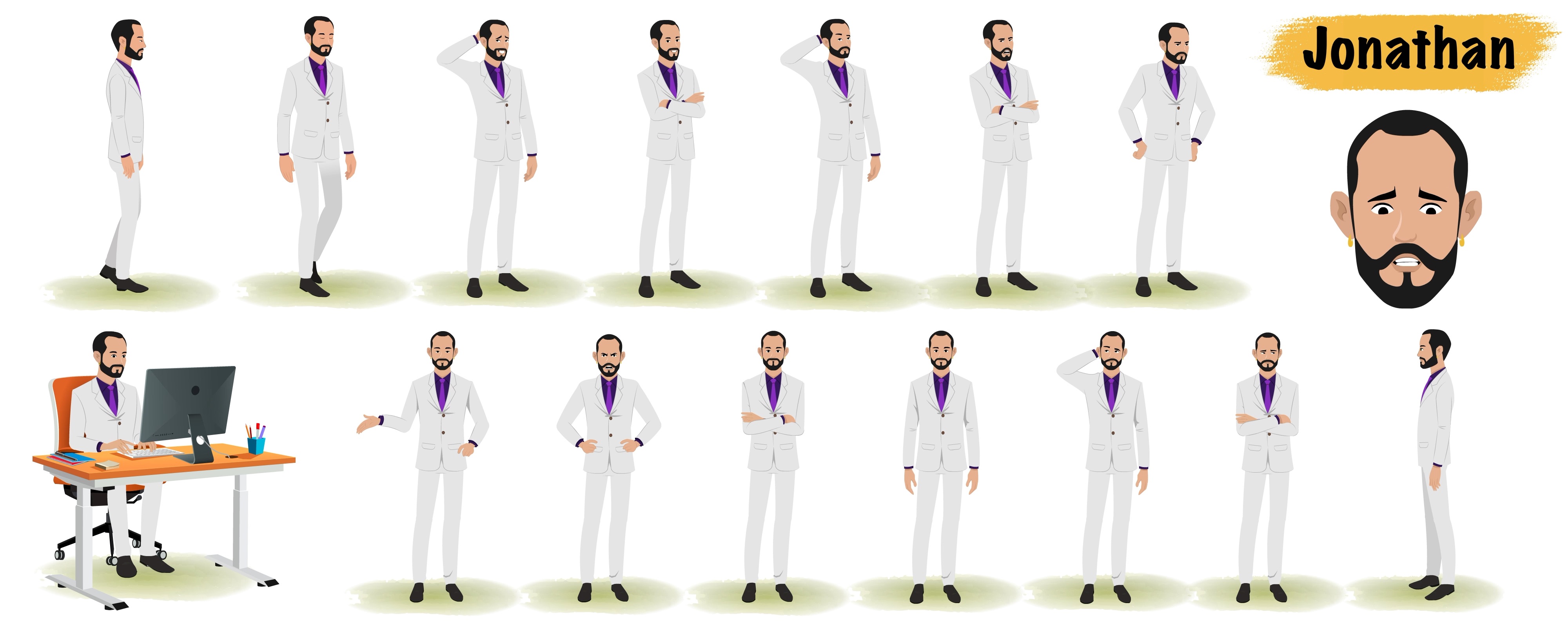 Businessman animated vector cartoon character model sheet AKA Jonathan