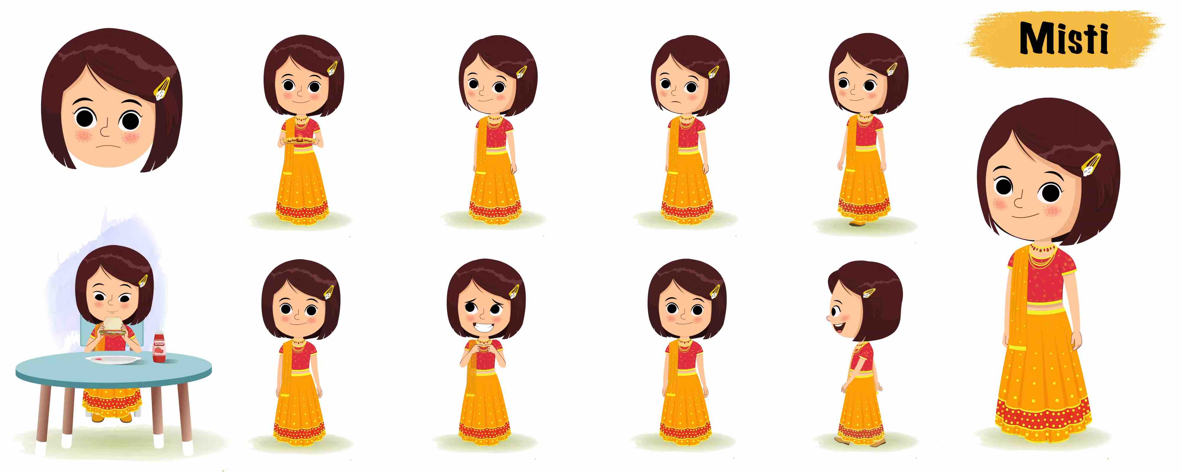 Cute Indian girl in traditional dress animated vector cartoon character model sheet AKA Misti