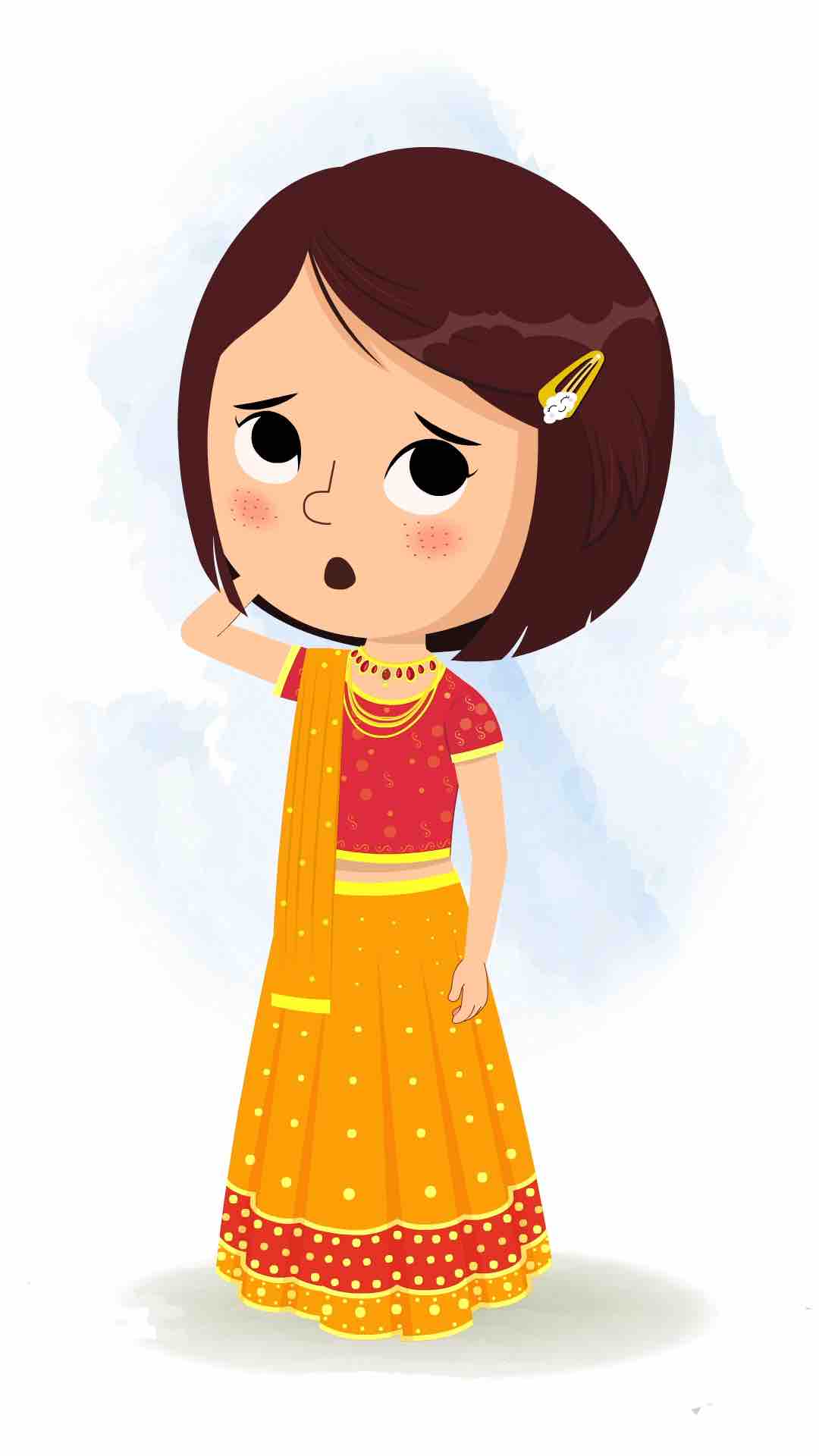 A confused Indian girl in traditional clothes animated cartoon character aka misti