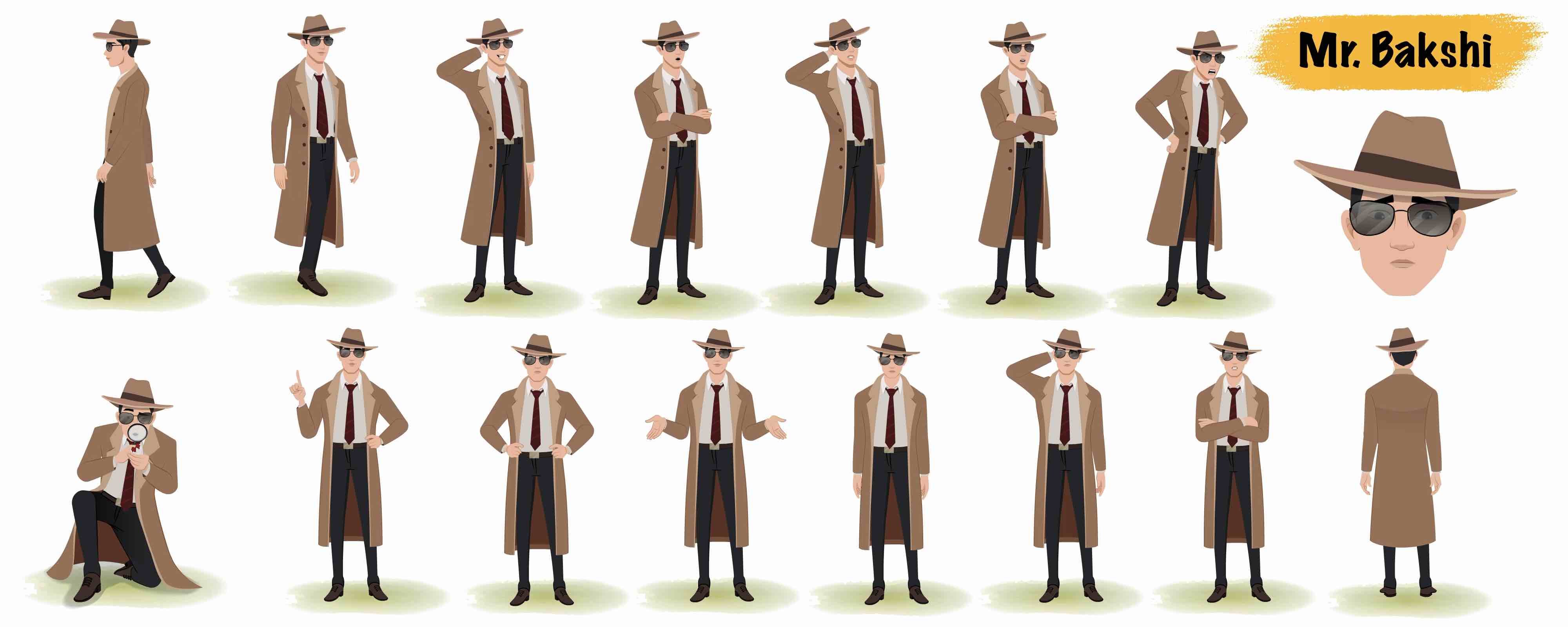 Man detective animated vector cartoon character model sheet AKA Mr Bakshi