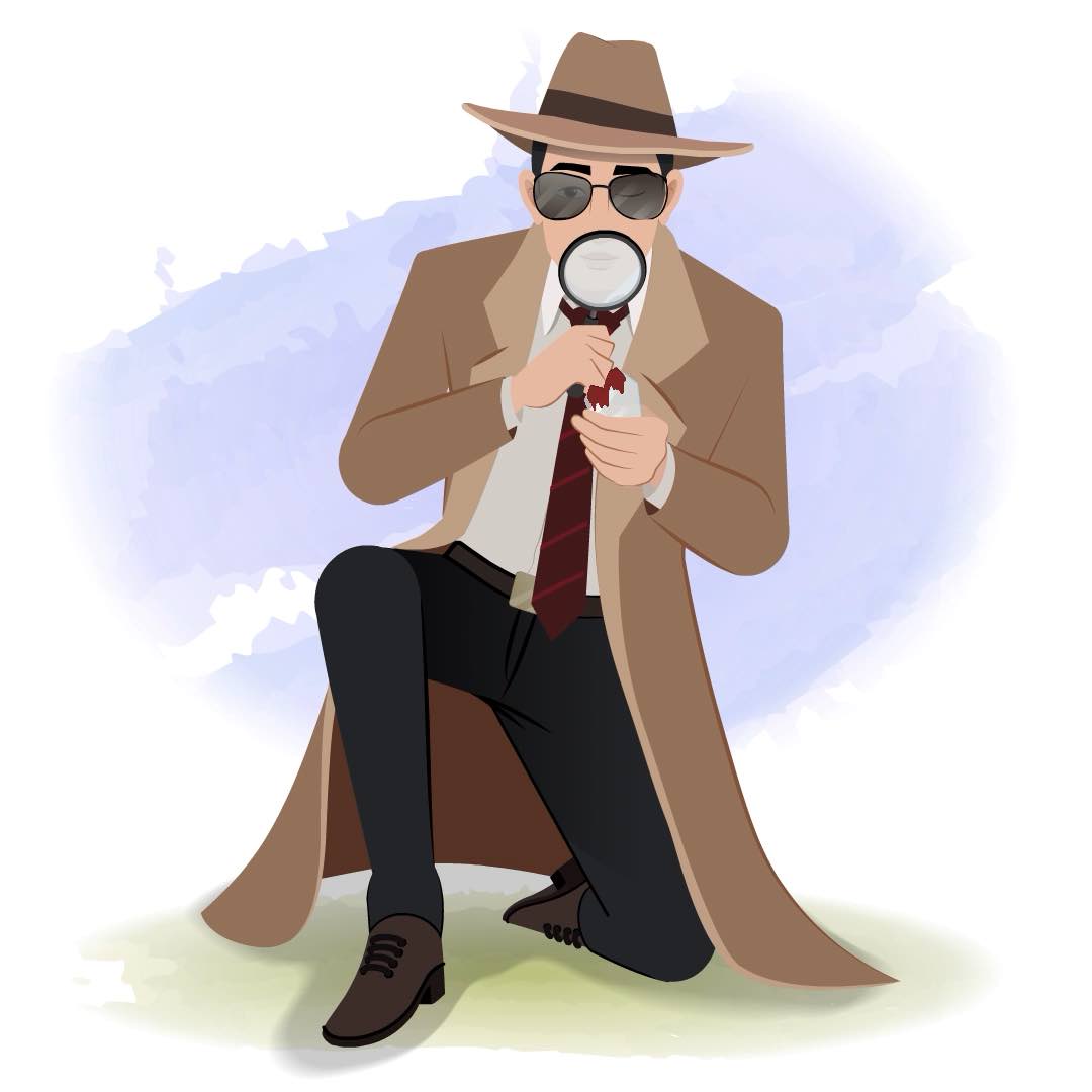 A male detective with magnifying glass analyzing clues animated cartoon character aka mr. bakshi