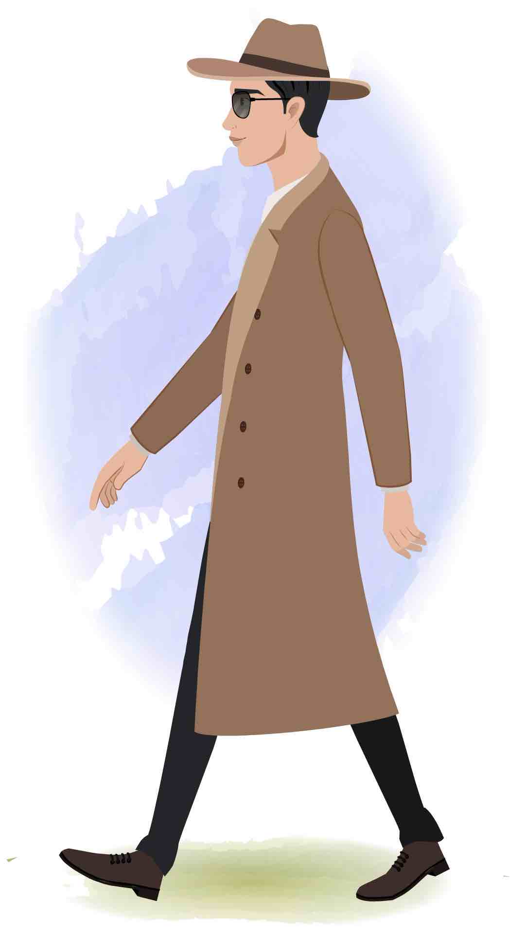 A detective man walking side view animated cartoon character aka mr Bakshi