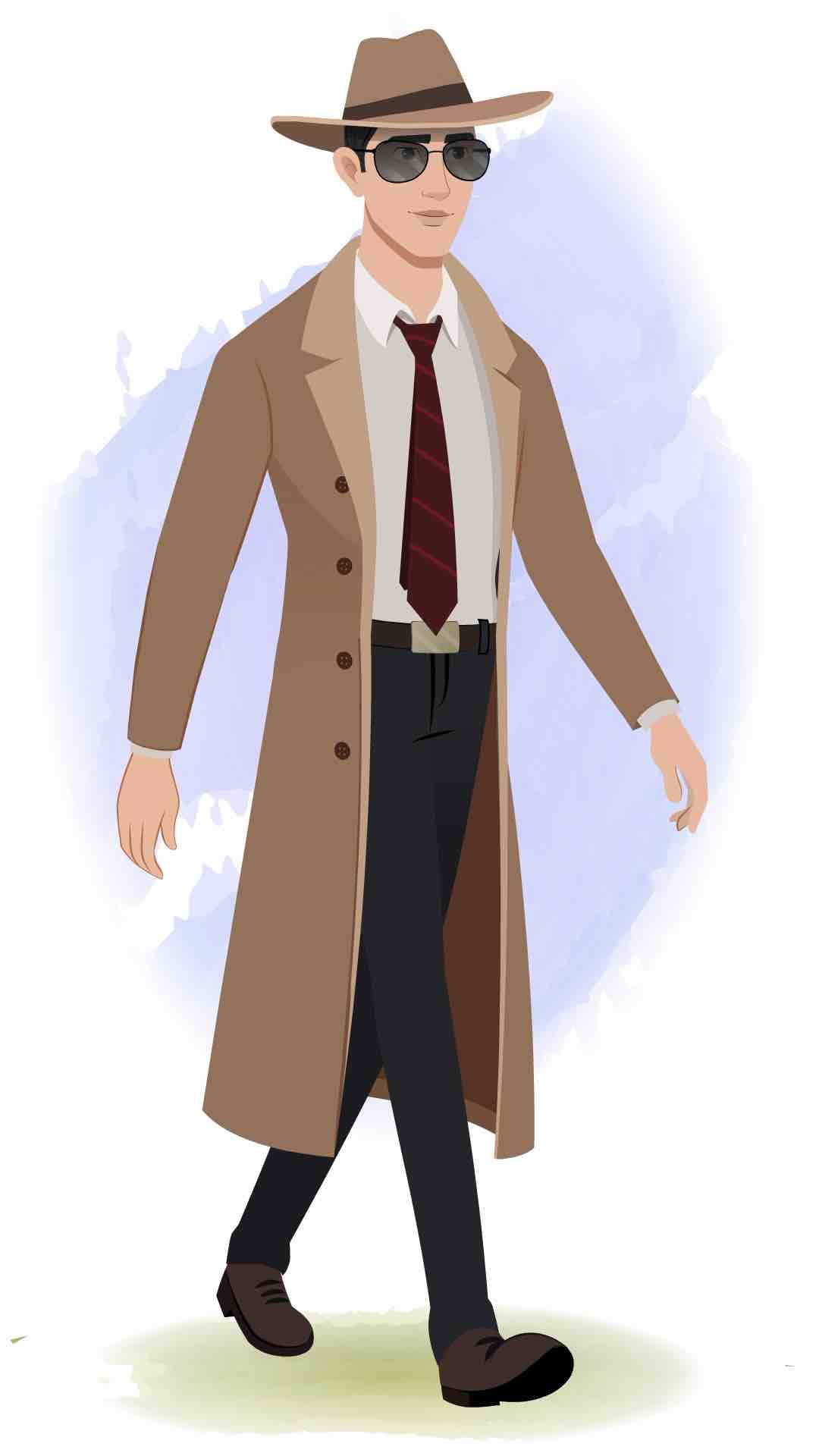 A detective man 3/4 front view/three quarter view walking animated cartoon character aka mr bakshi