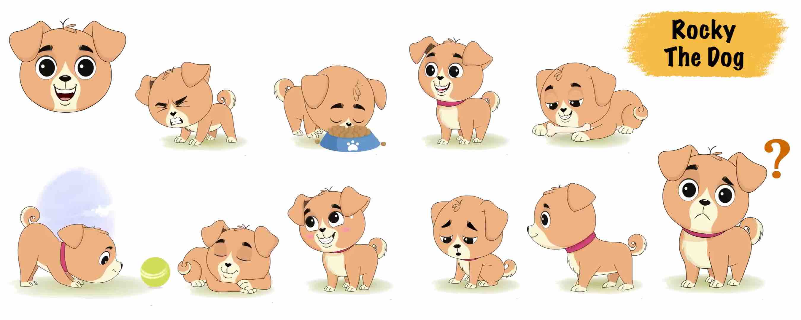 Cute animated vector dog cartoon character model sheet AKA Rocky The Dog