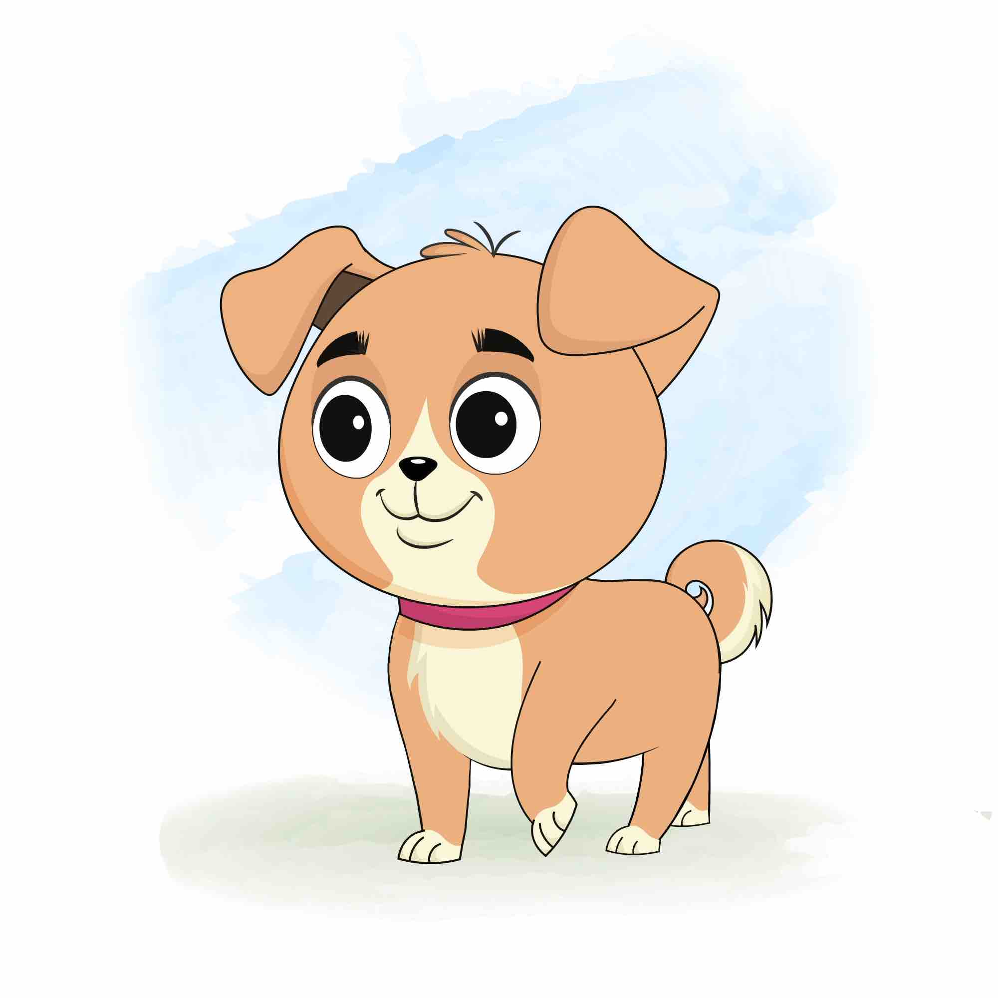 A little dog 3/4 front view/three quarter view walking animated cartoon character aka rocky the dog