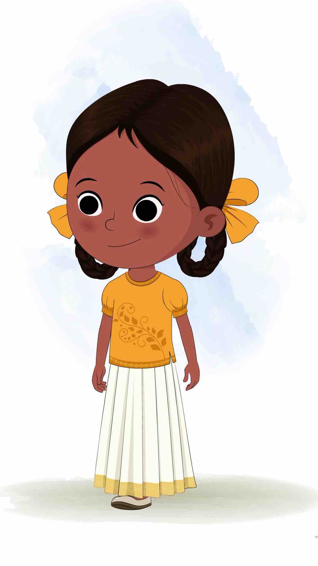 A little girl 3/4 front view/three quarter view walking animated cartoon character aka tara