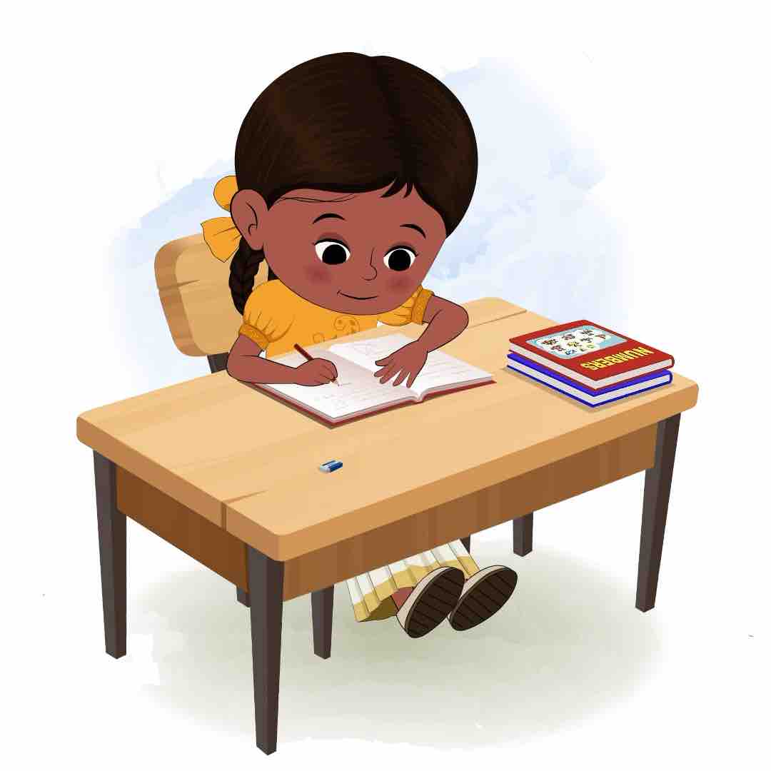 A little girl doing homework and sitting on the table animated cartoon character aka tara