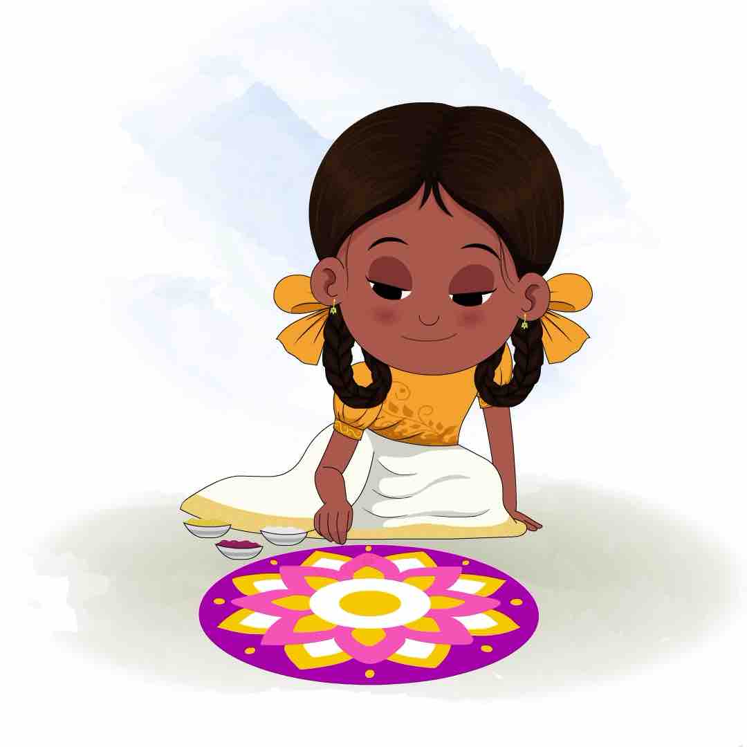 An Indian girl making rangoli animated cartoon character aka tara